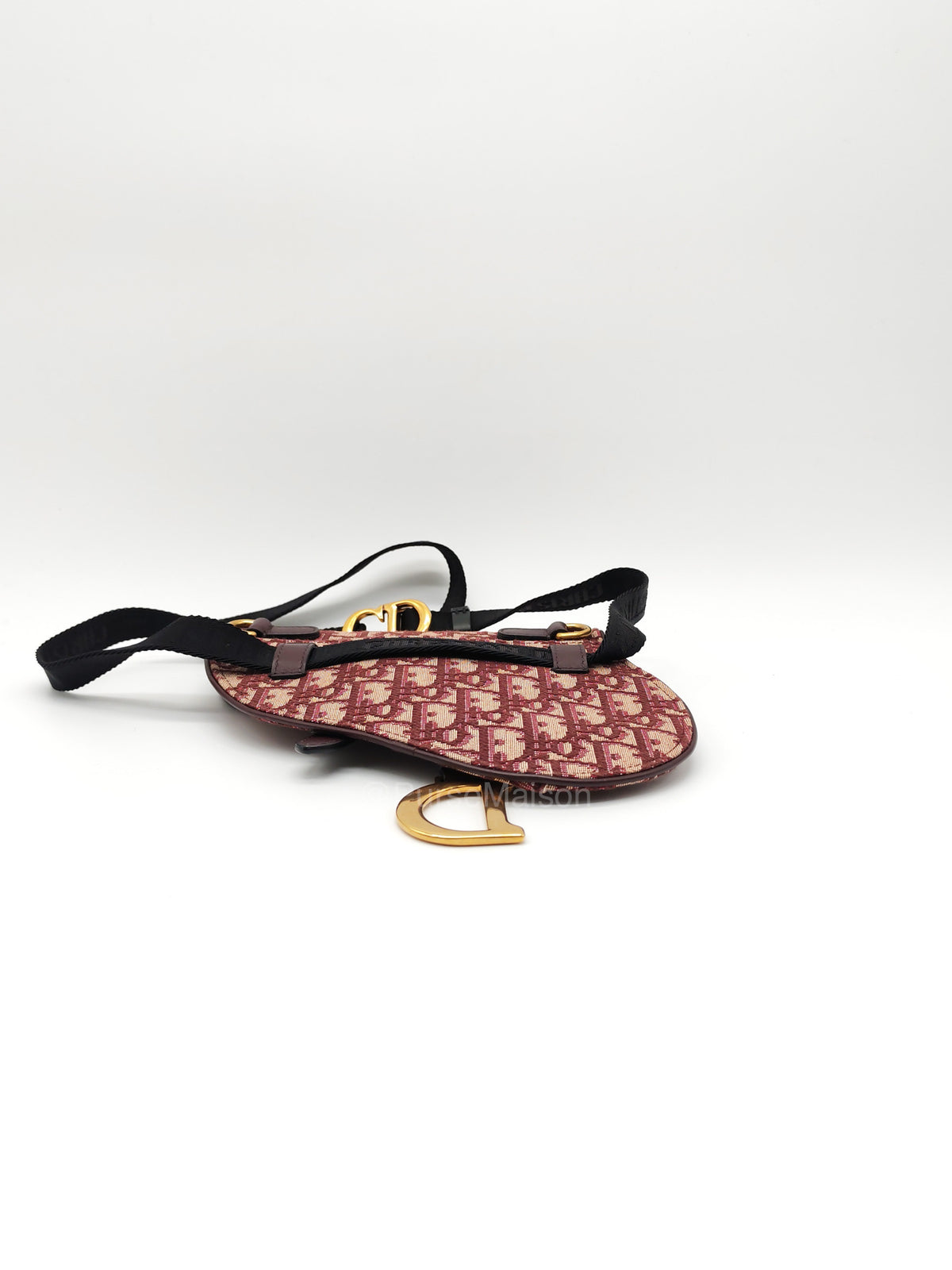 Christian Dior Saddle Belt Pouch in Burgundy Oblique Jacquar Canvas and Gold Hardware