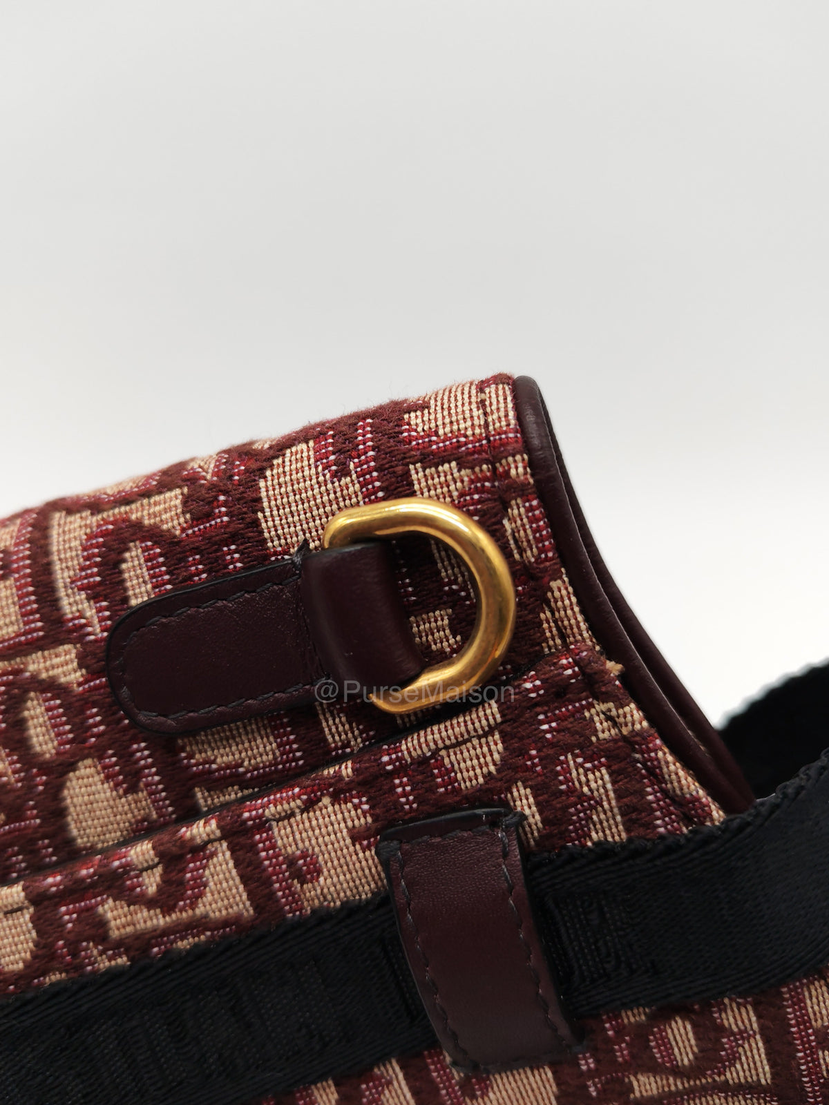 Christian Dior Saddle Belt Pouch in Burgundy Oblique Jacquar Canvas and Gold Hardware