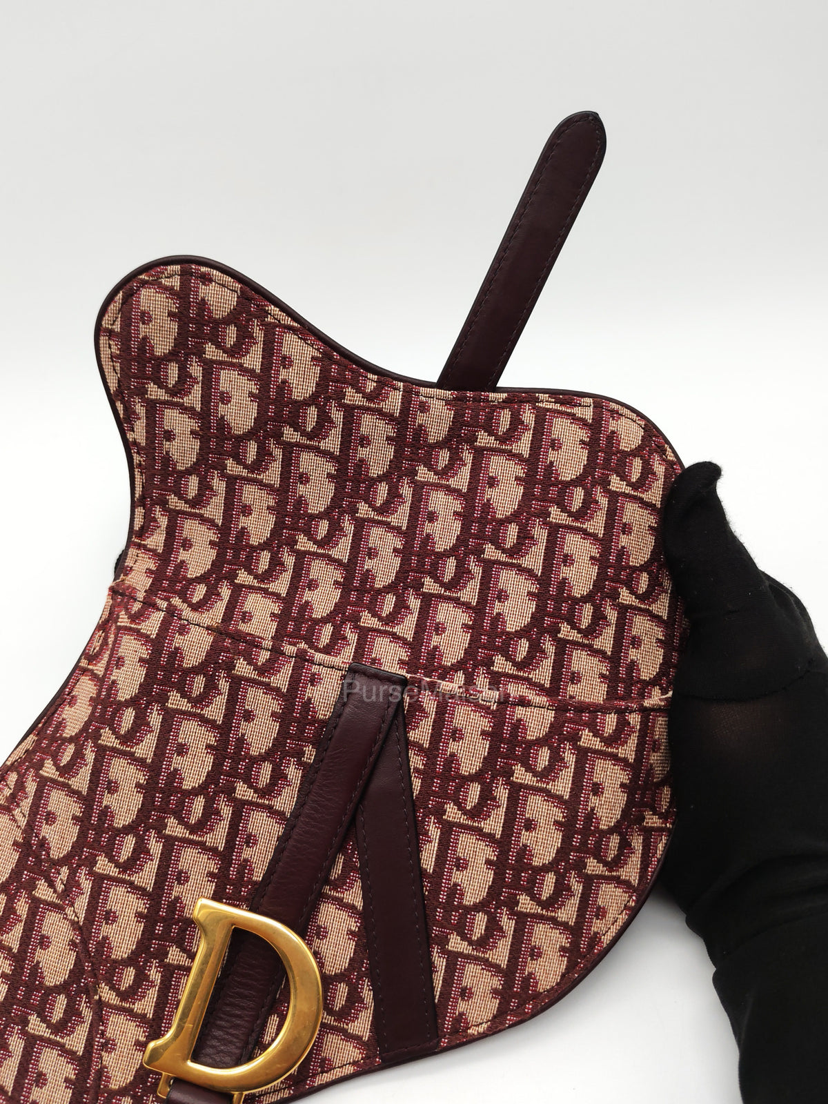 Christian Dior Saddle Belt Pouch in Burgundy Oblique Jacquar Canvas and Gold Hardware