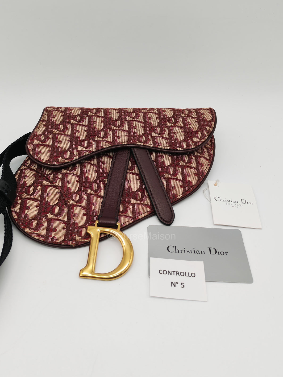 Christian Dior Saddle Belt Pouch in Burgundy Oblique Jacquar Canvas and Gold Hardware
