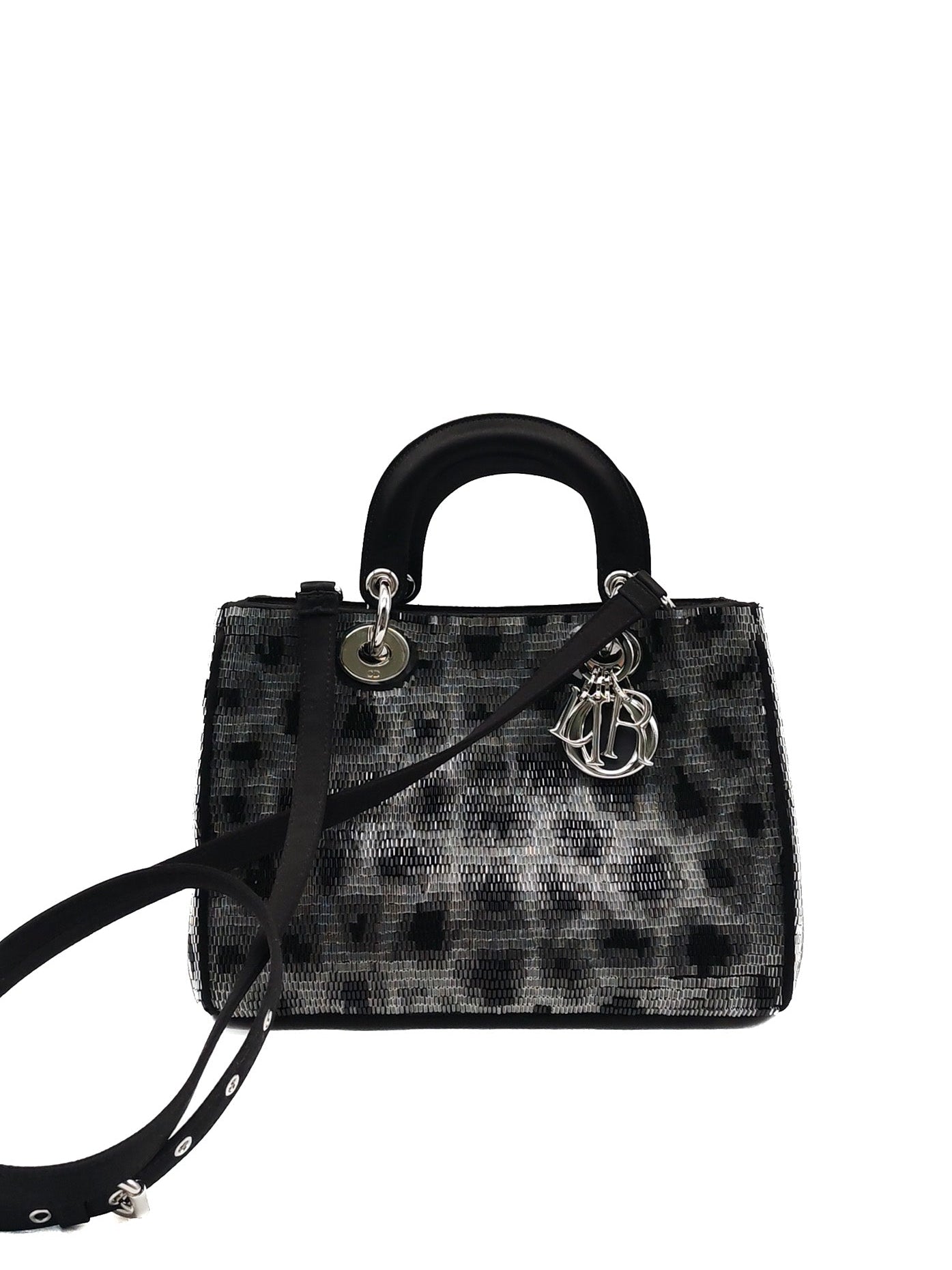 Christian Dior Leopard Lady Dior in Black and Gray  Wool Sequin Leather and Silver Hardware