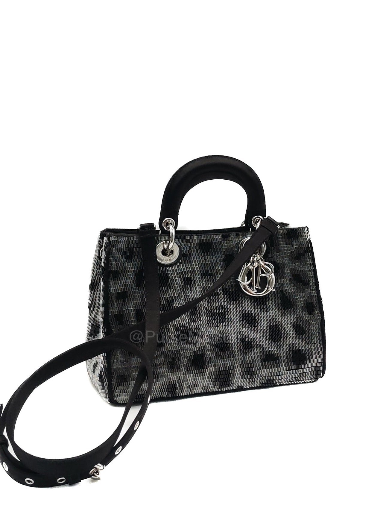 Christian Dior Leopard Lady Dior in Black and Gray  Wool Sequin Leather and Silver Hardware