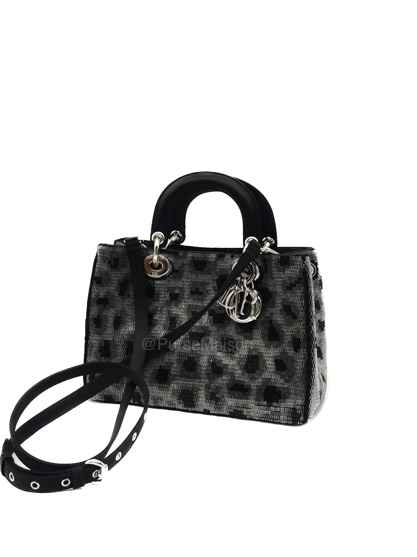 Christian Dior Leopard Lady Dior in Black and Gray  Wool Sequin Leather and Silver Hardware