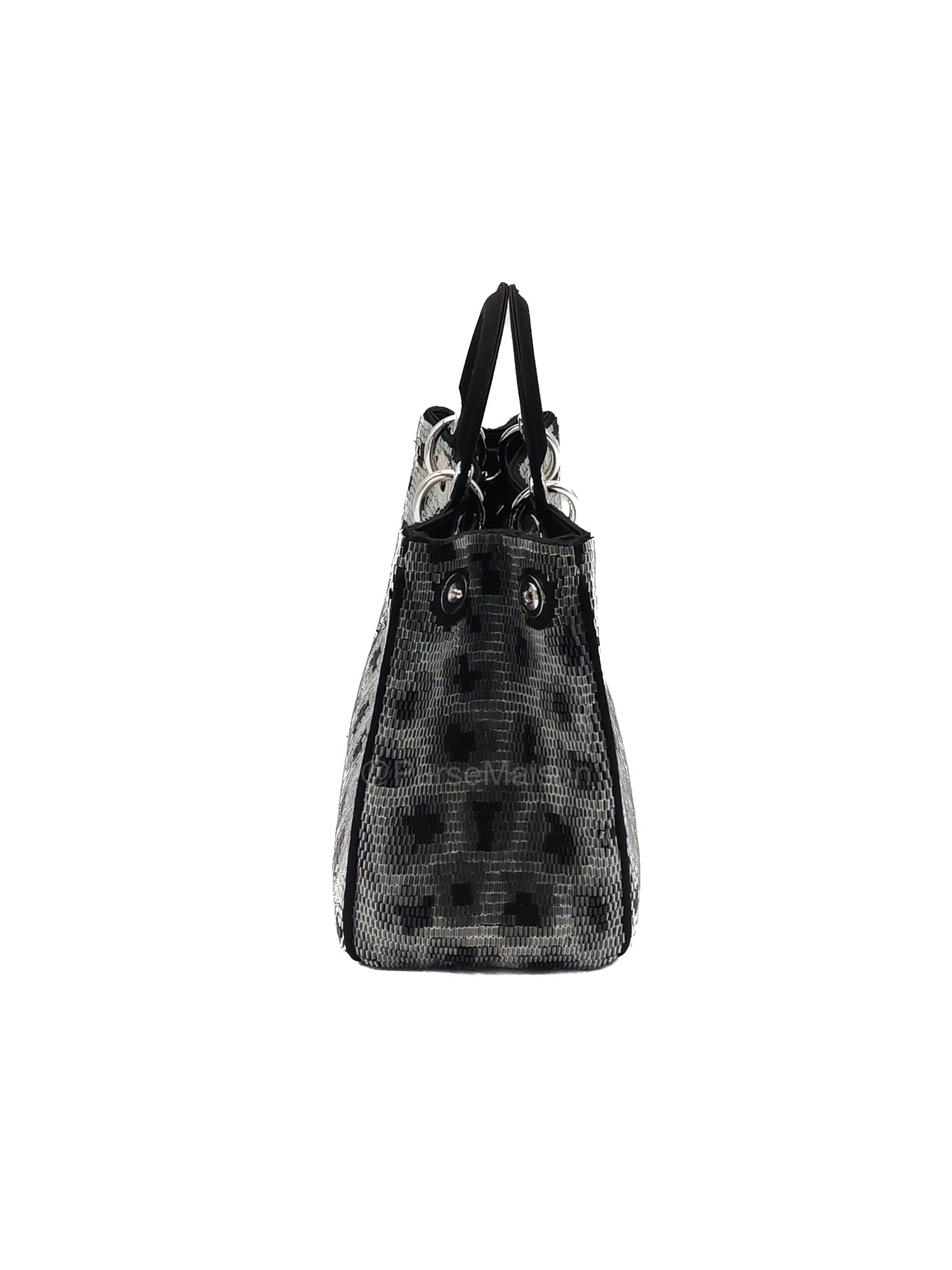 Christian Dior Leopard Lady Dior in Black and Gray  Wool Sequin Leather and Silver Hardware