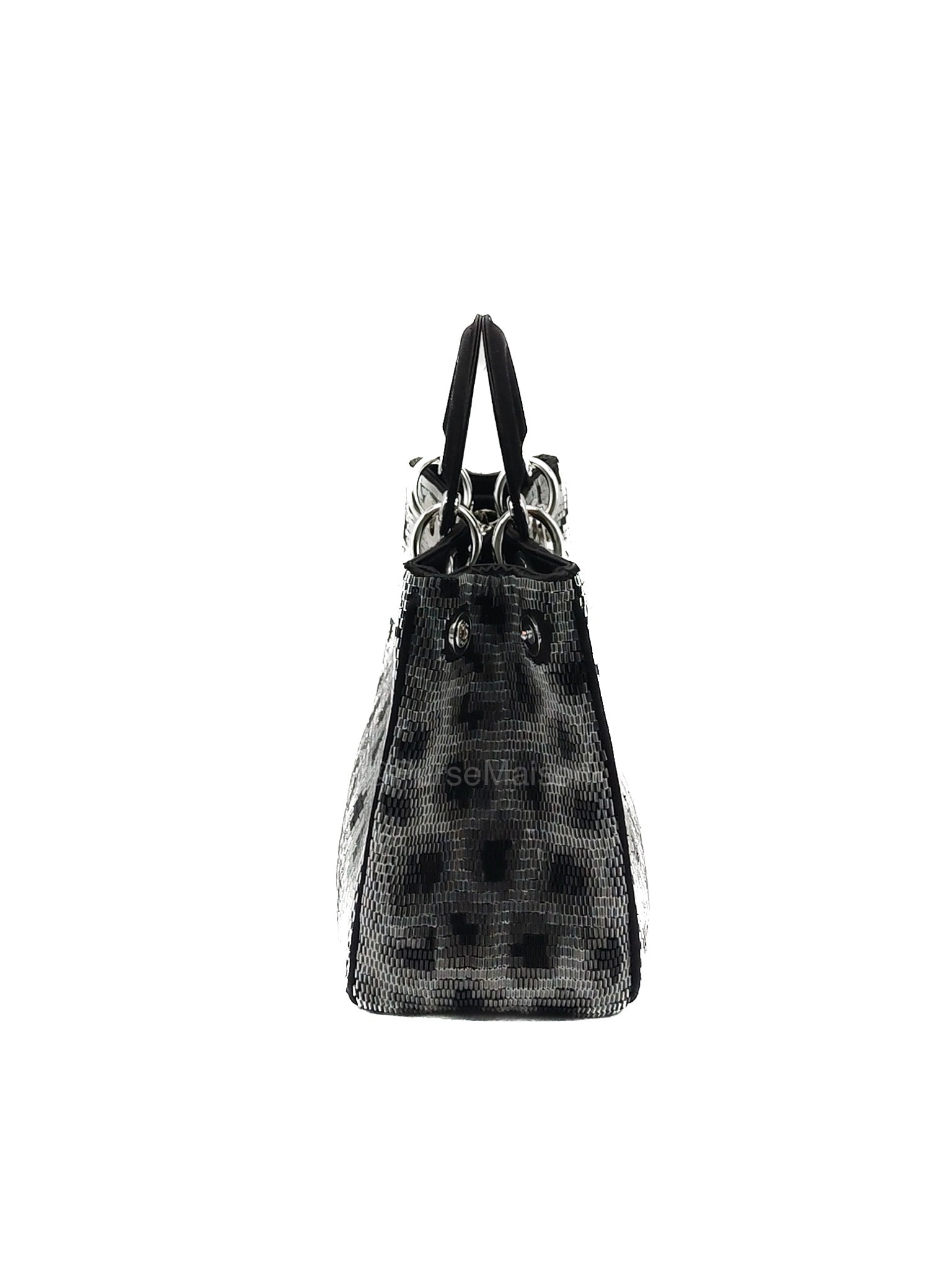 Christian Dior Leopard Lady Dior in Black and Gray  Wool Sequin Leather and Silver Hardware