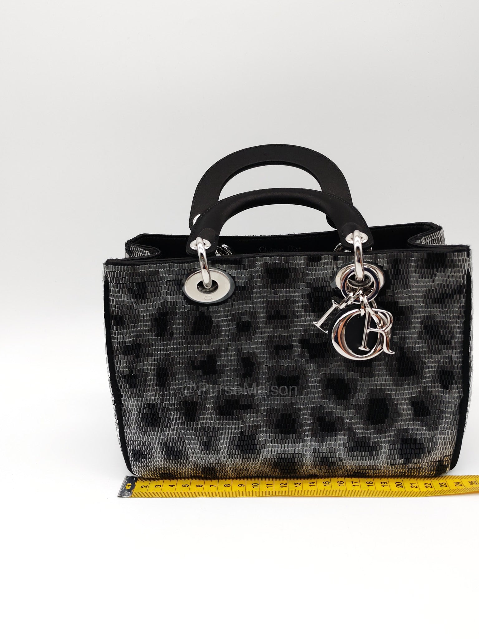 Christian Dior Leopard Lady Dior in Black and Gray  Wool Sequin Leather and Silver Hardware