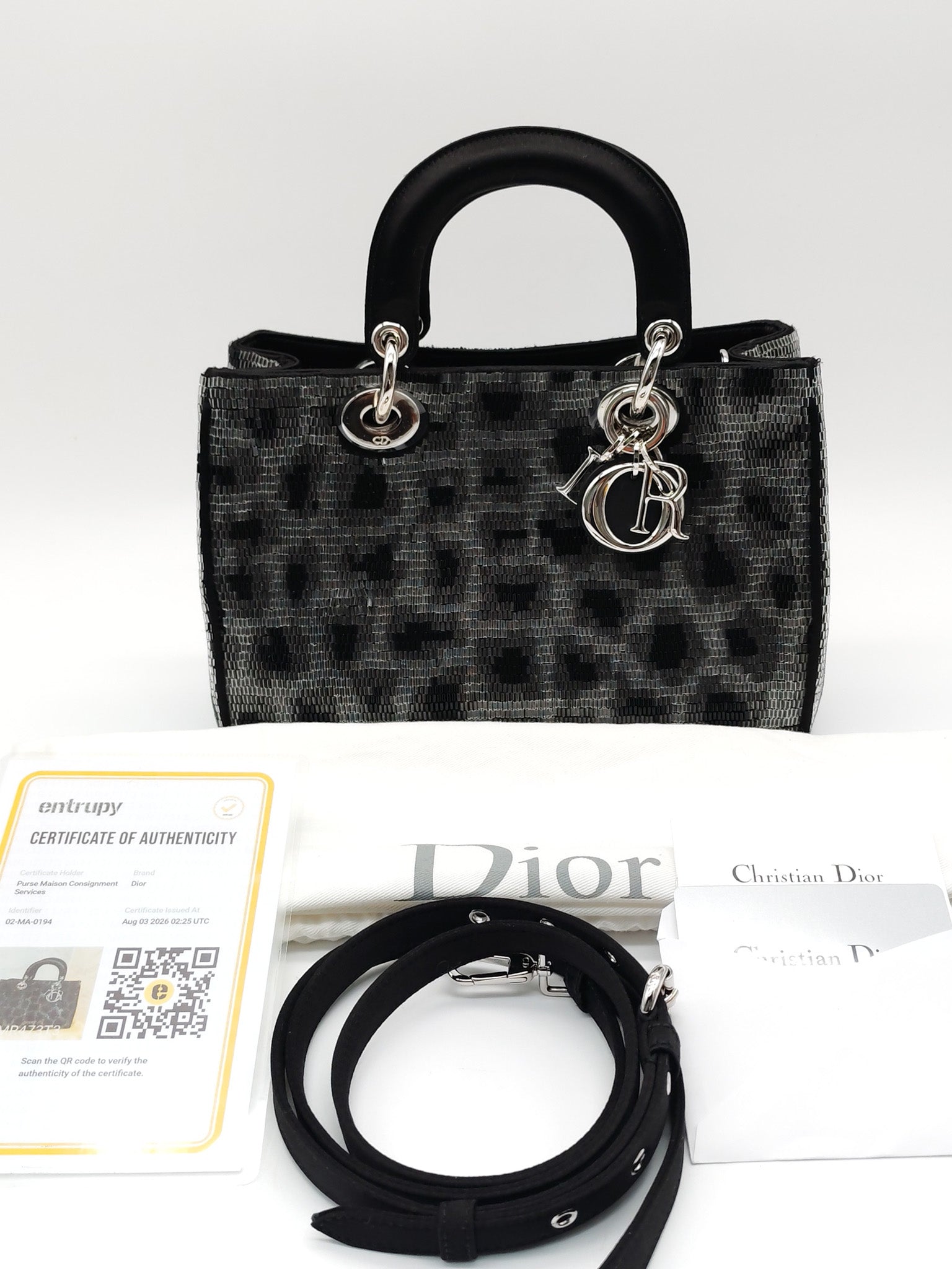 Christian Dior Leopard Lady Dior in Black and Gray  Wool Sequin Leather and Silver Hardware