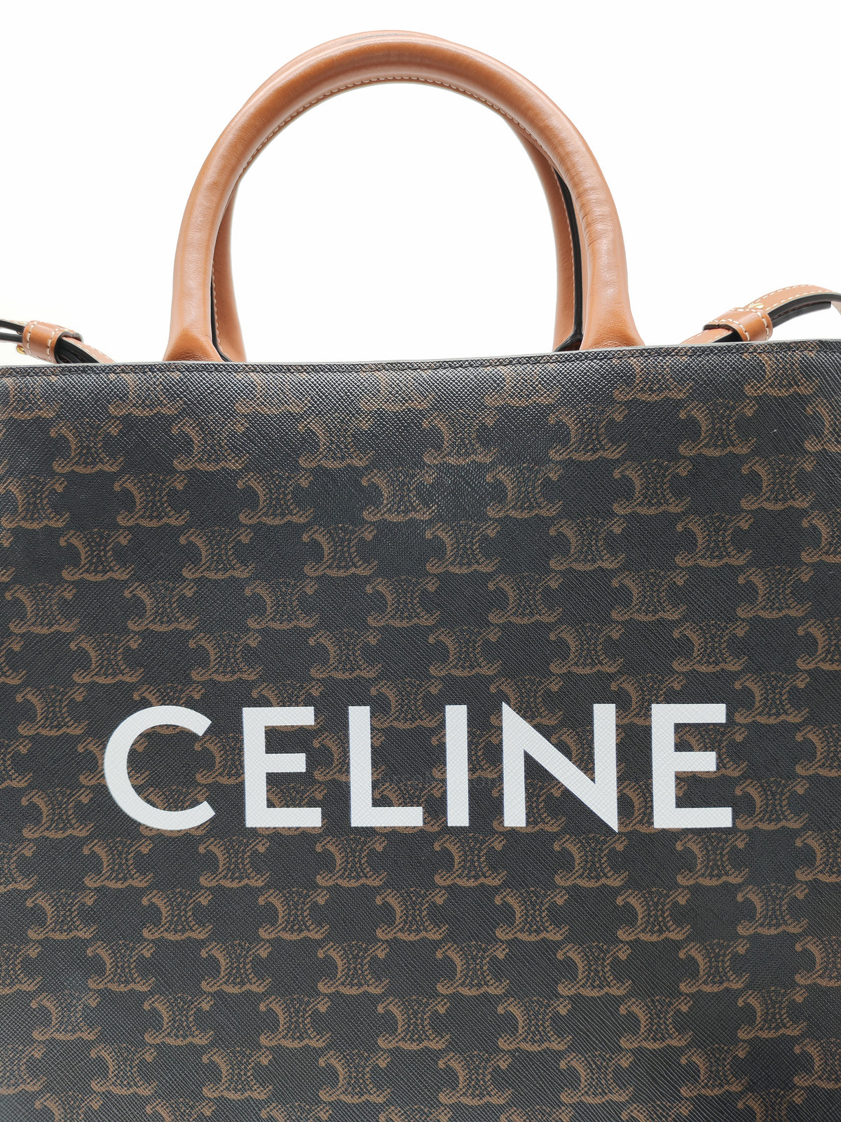 Celine Triomphe Canvas and Tan Calfskin Leather Small Vertical Cabas