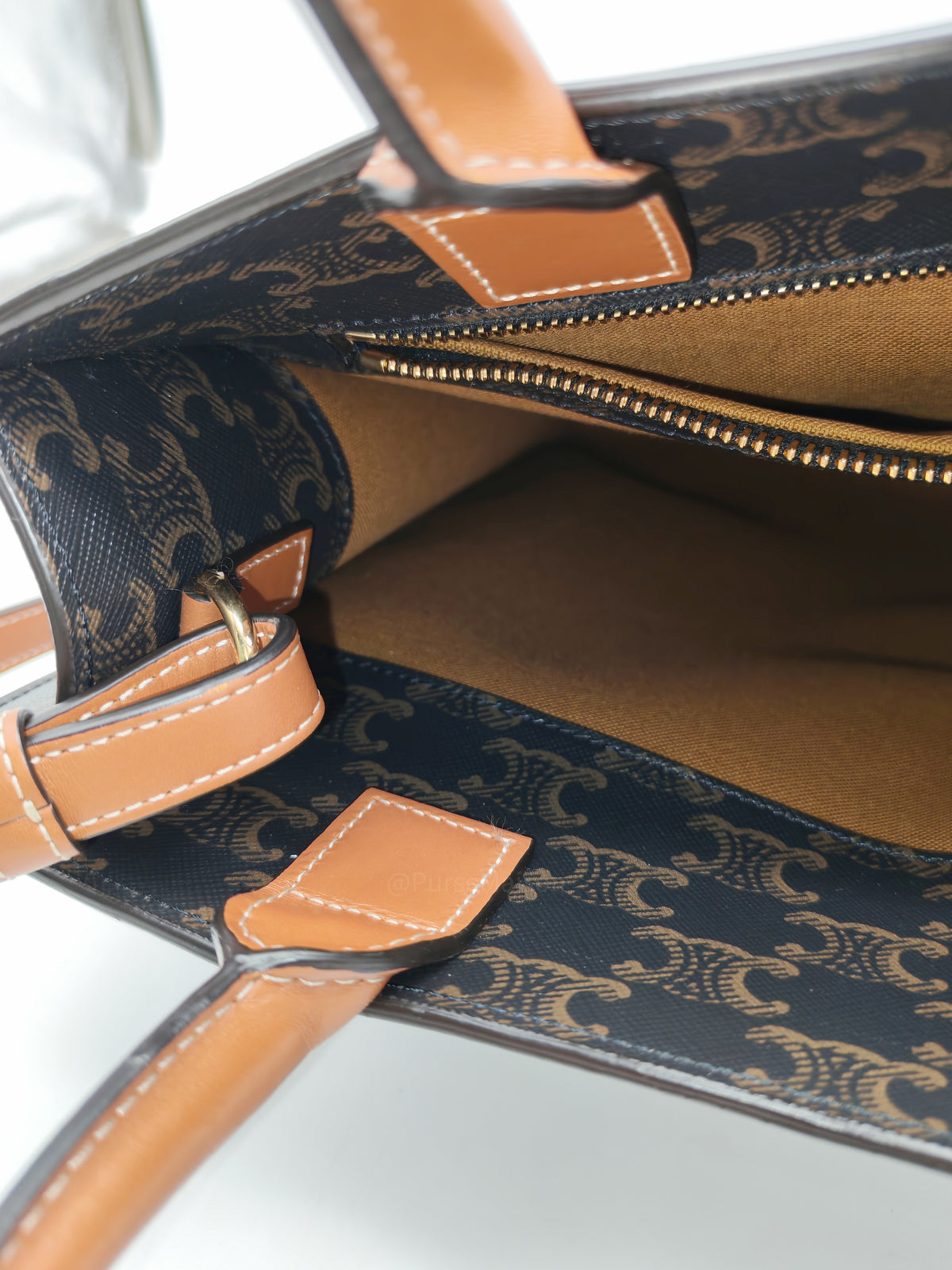 Celine Triomphe Canvas and Tan Calfskin Leather Small Vertical Cabas