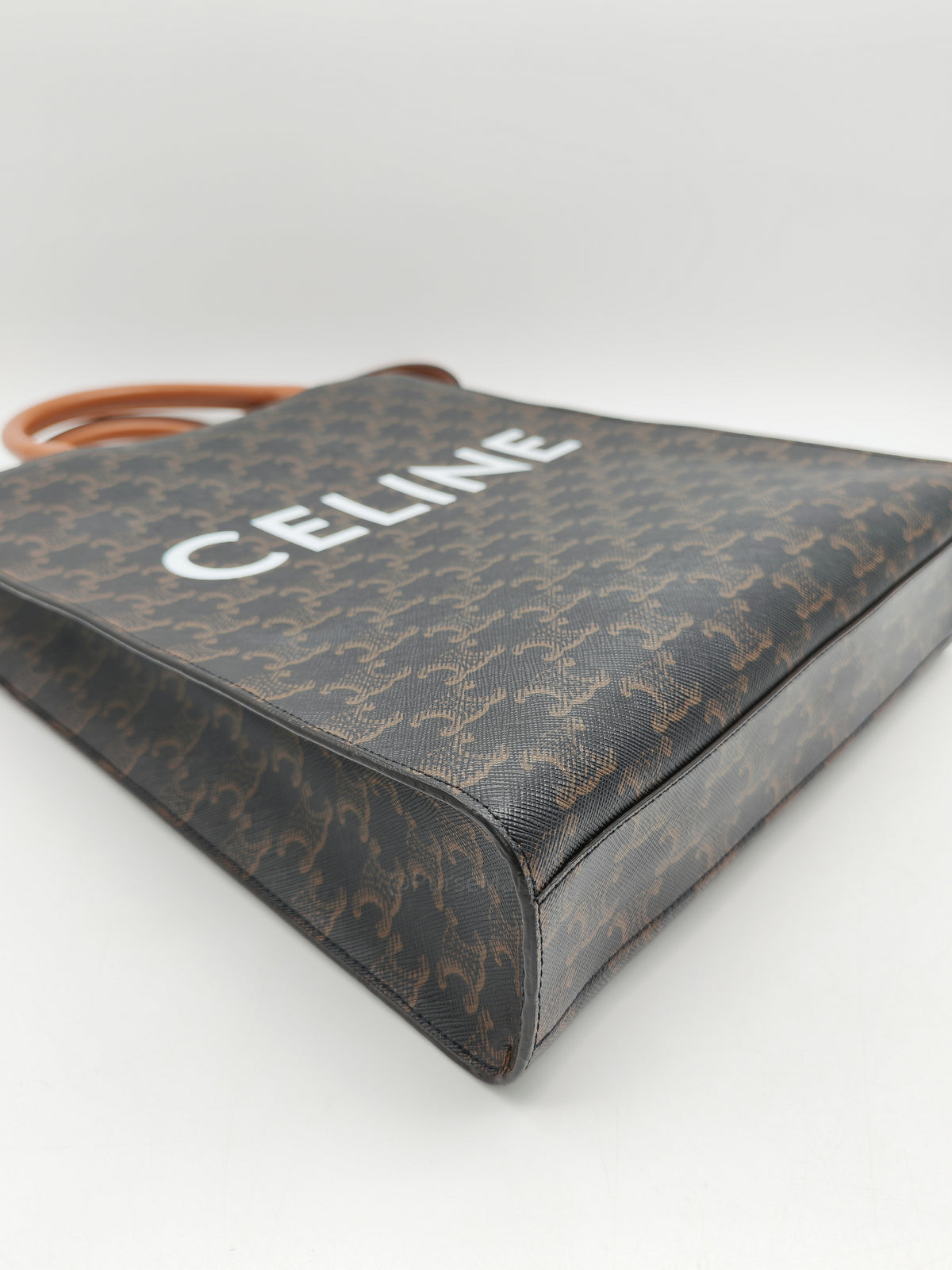 Celine Triomphe Canvas and Tan Calfskin Leather Small Vertical Cabas
