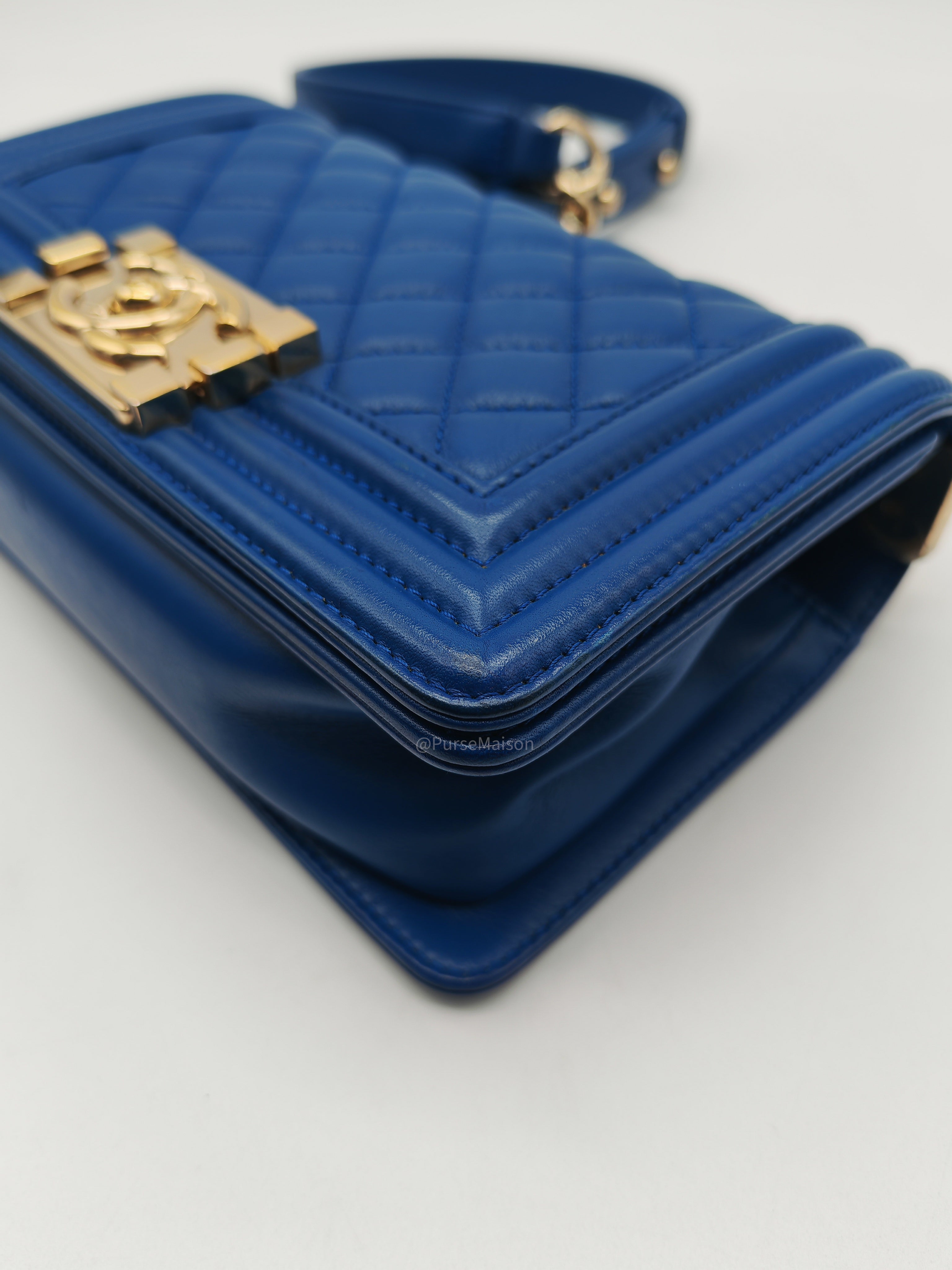Chanel Le Boy Flap Bag Small in Blue Calfskin Leather Light Gold Hardware (Series 24)