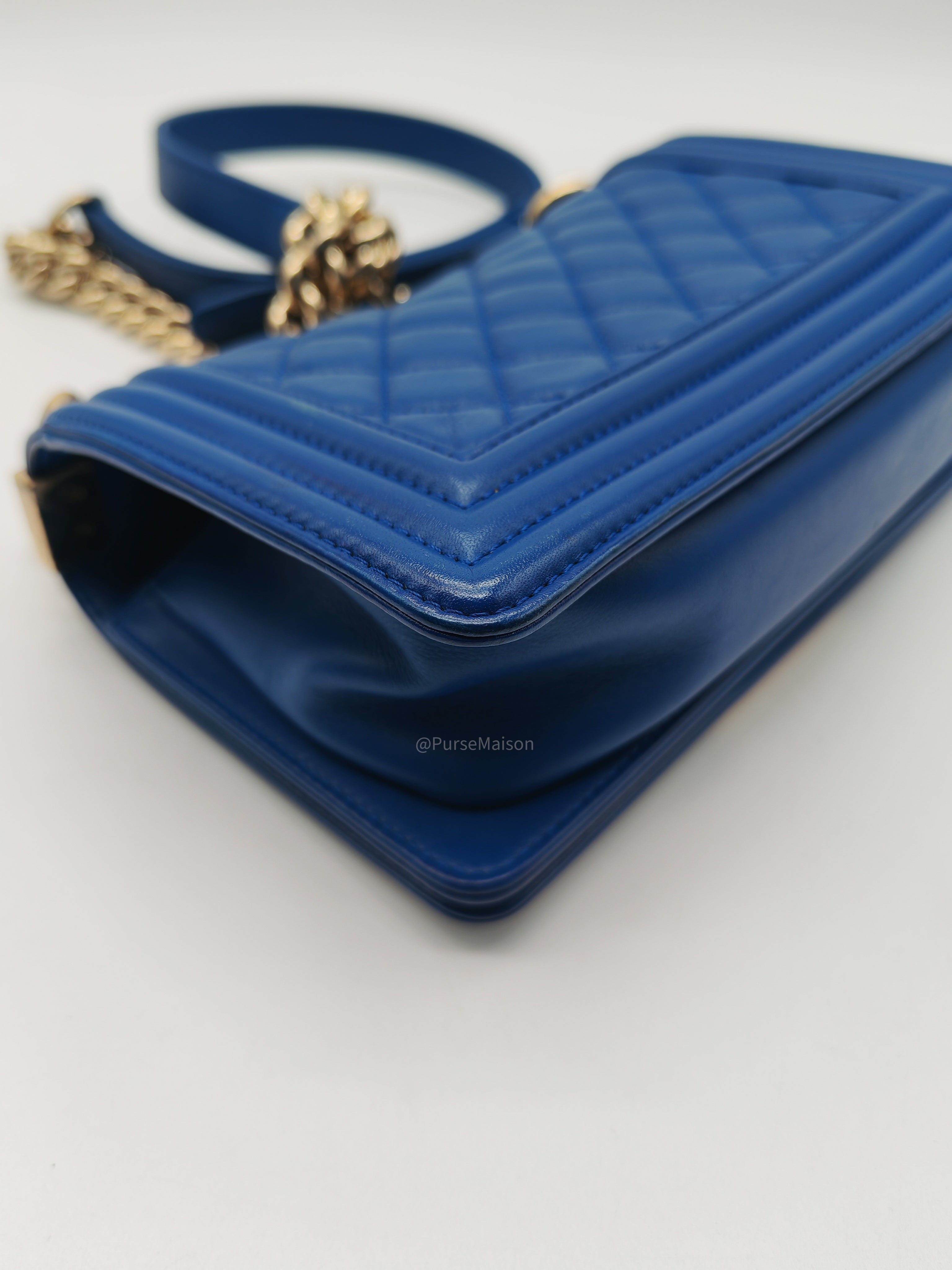 Chanel Le Boy Flap Bag Small in Blue Calfskin Leather Light Gold Hardware (Series 24)