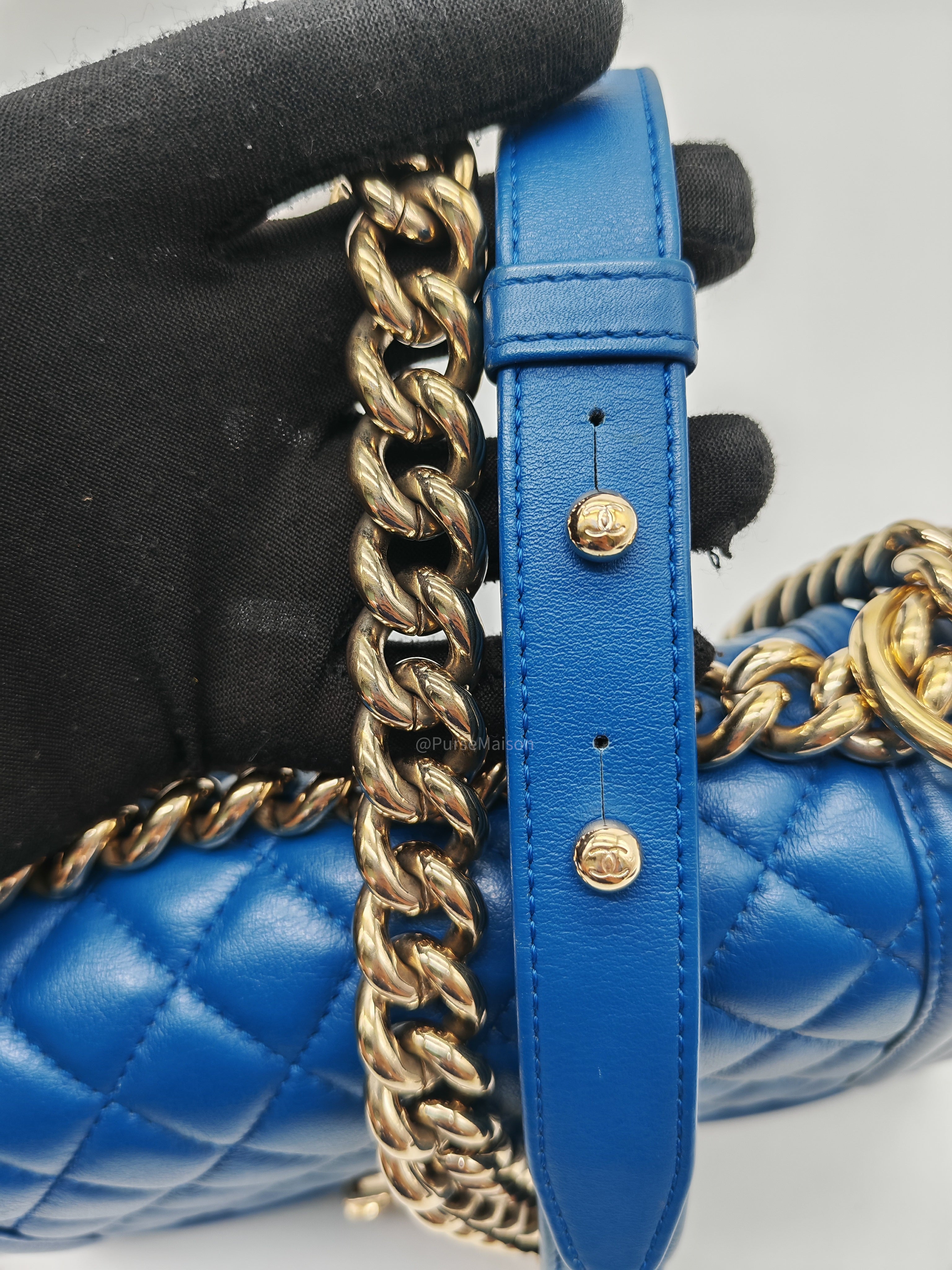 Chanel Le Boy Flap Bag Small in Blue Calfskin Leather Light Gold Hardware (Series 24)