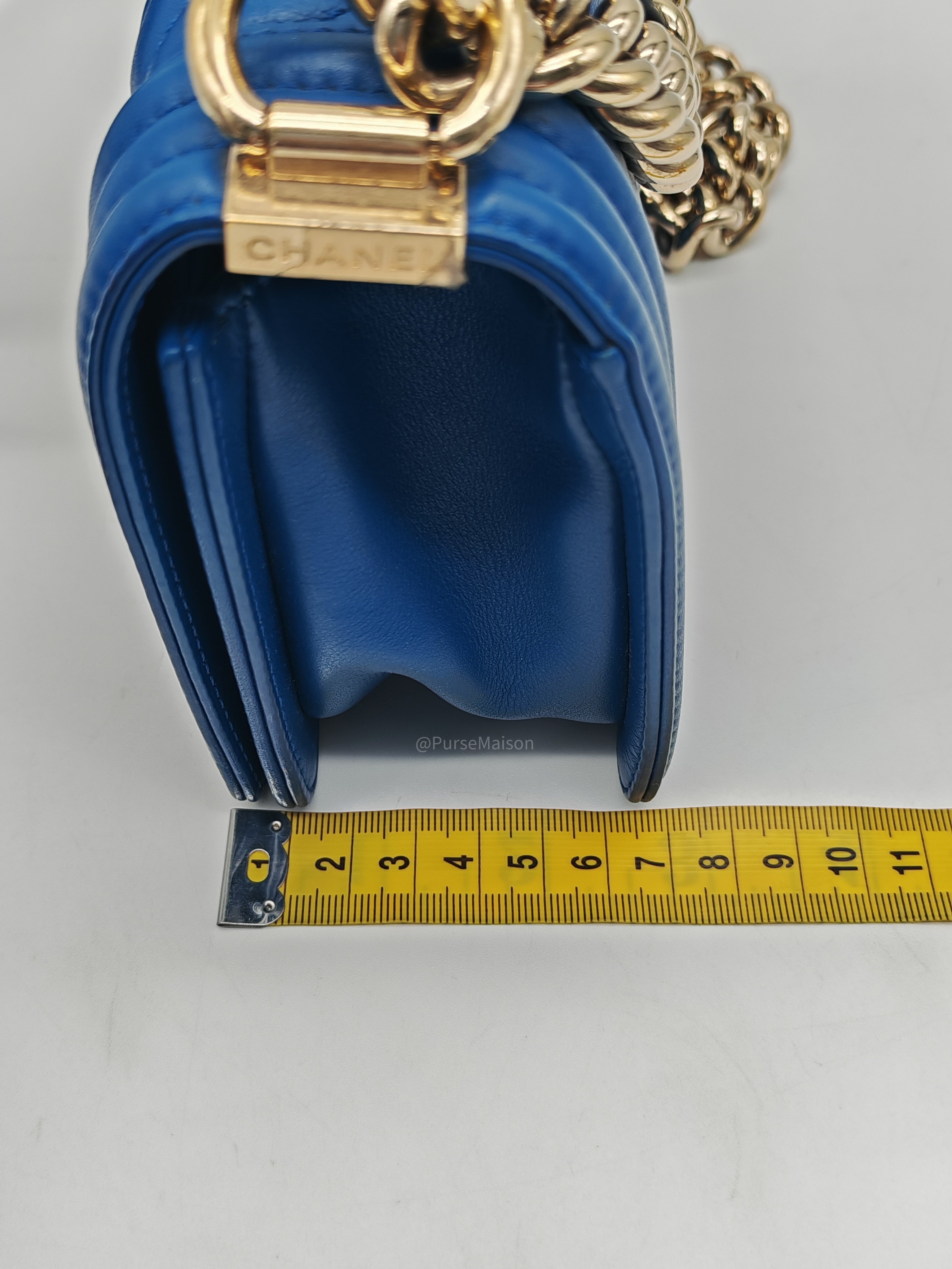 Chanel Le Boy Flap Bag Small in Blue Calfskin Leather Light Gold Hardware (Series 24)