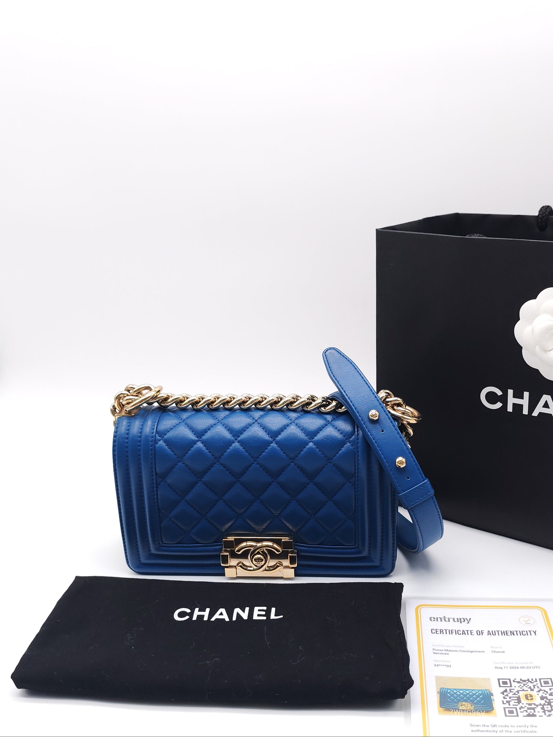 Chanel Le Boy Flap Bag Small in Blue Calfskin Leather Light Gold Hardware (Series 24)