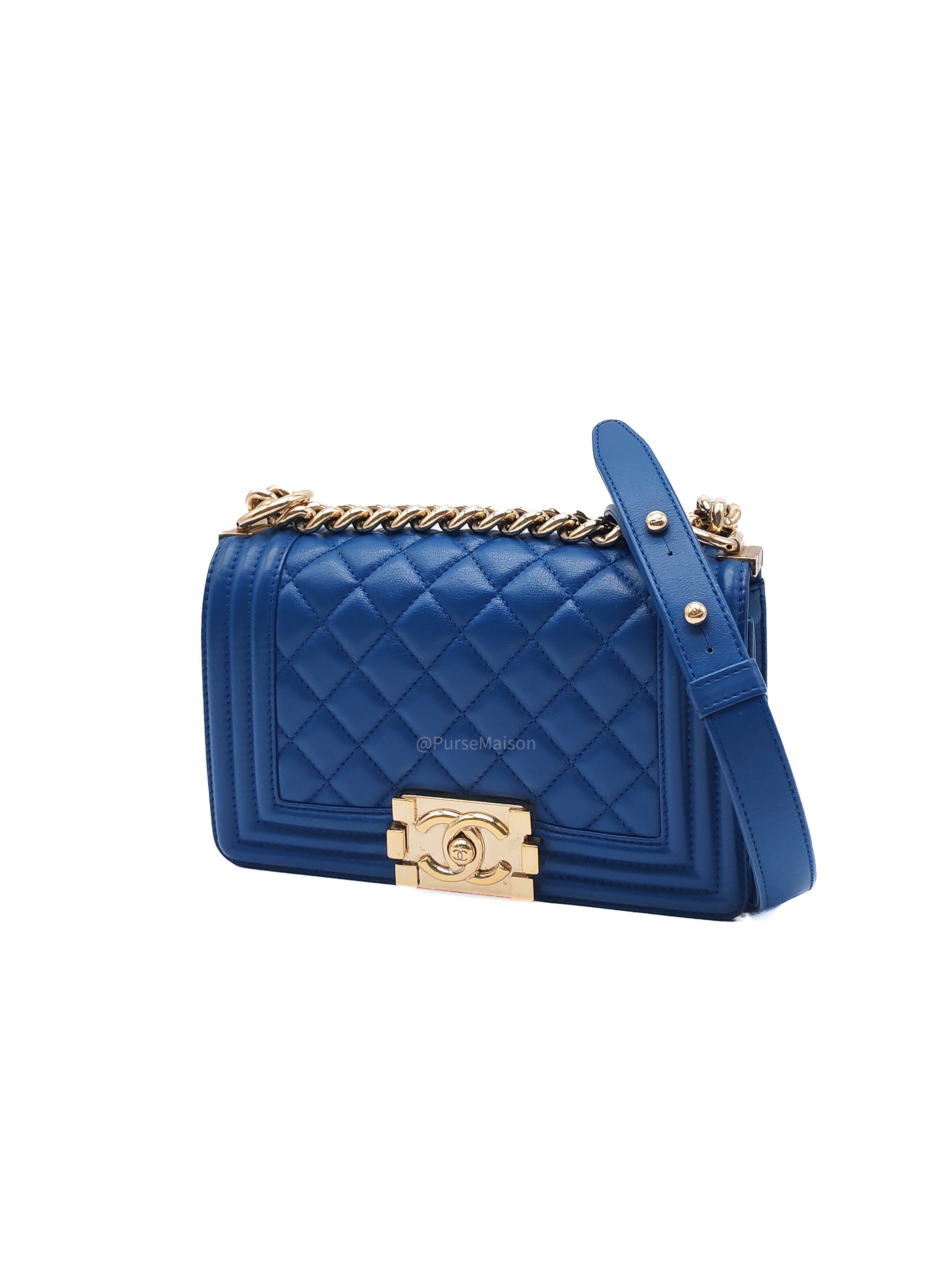 Chanel Le Boy Flap Bag Small in Blue Calfskin Leather Light Gold Hardware (Series 24)