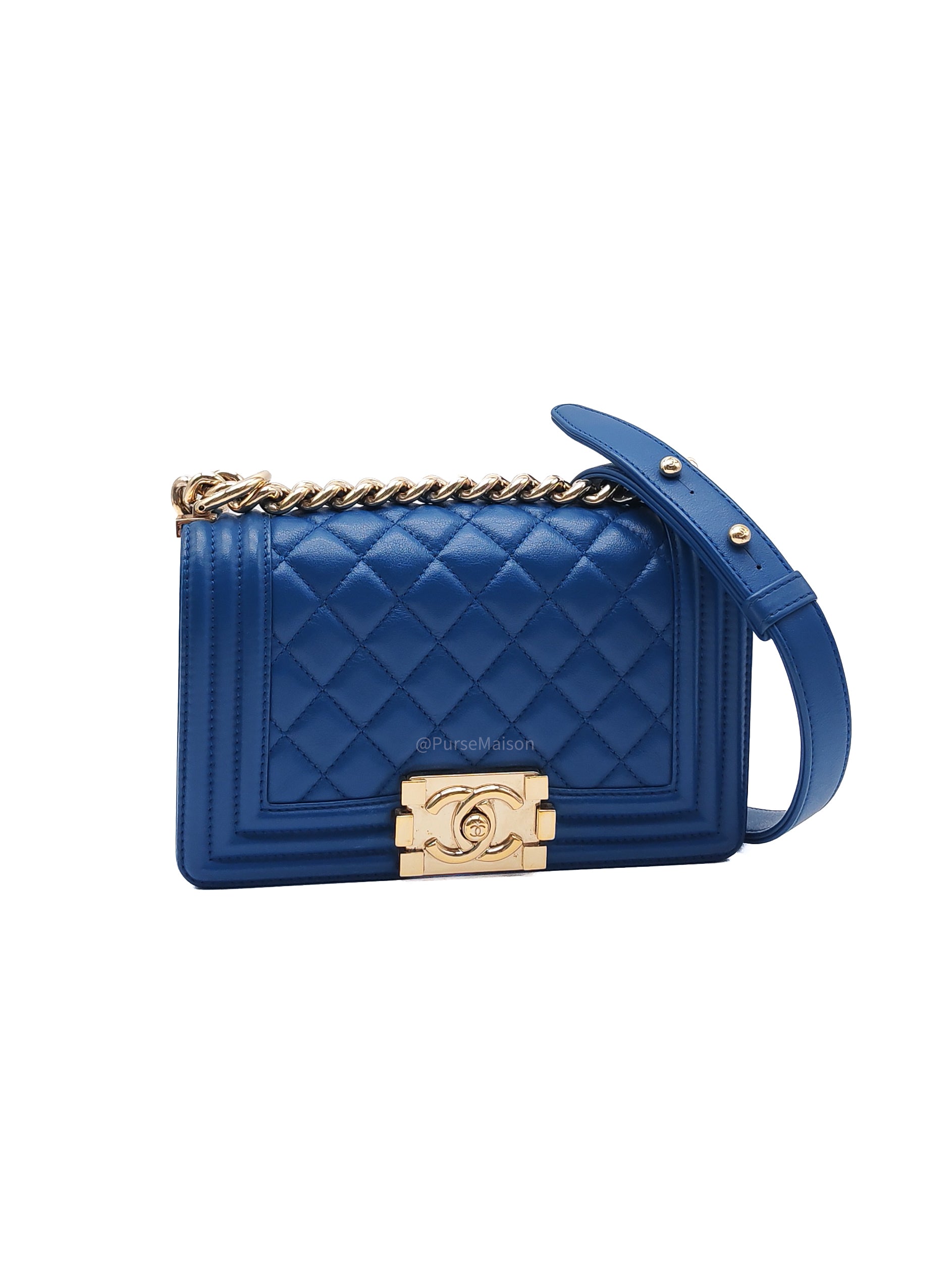 Chanel Le Boy Flap Bag Small in Blue Calfskin Leather Light Gold Hardware (Series 24)