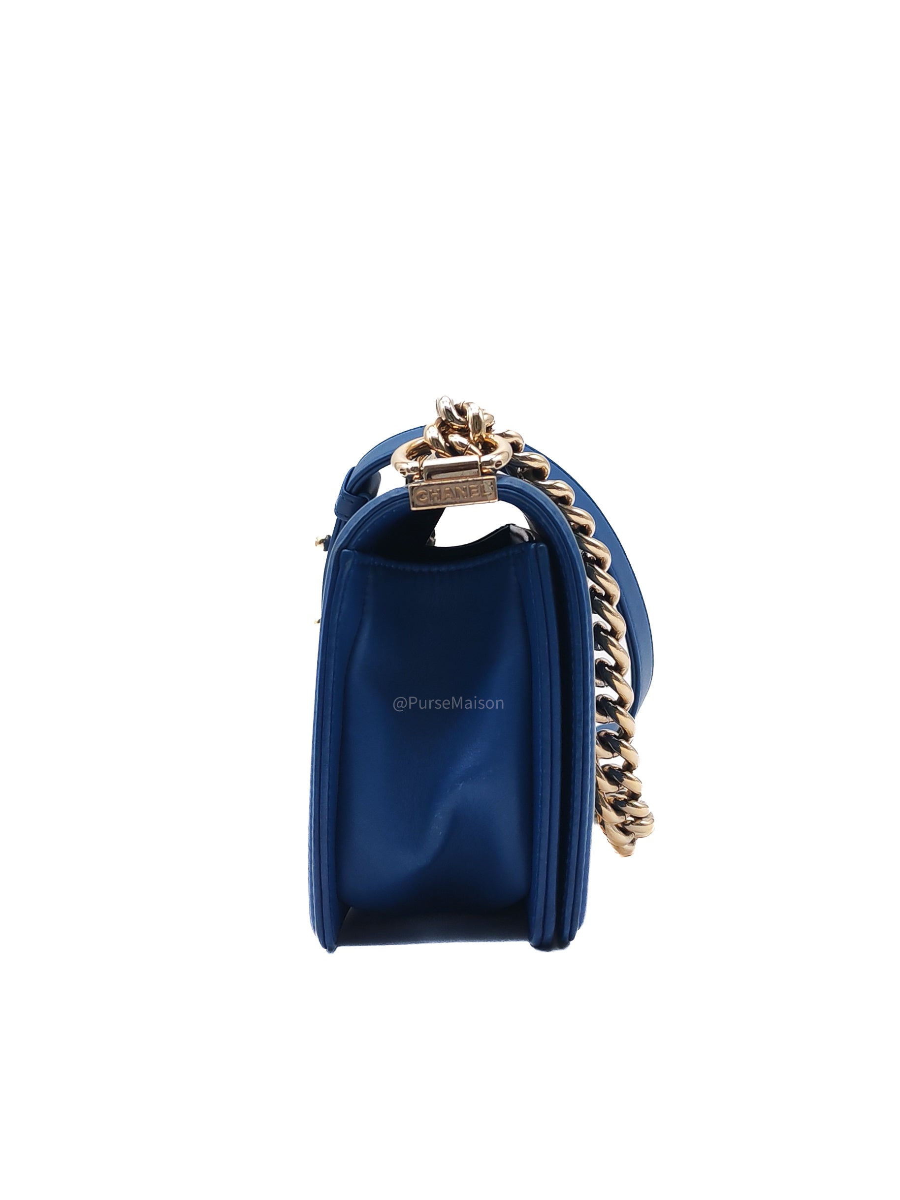 Chanel Le Boy Flap Bag Small in Blue Calfskin Leather Light Gold Hardware (Series 24)