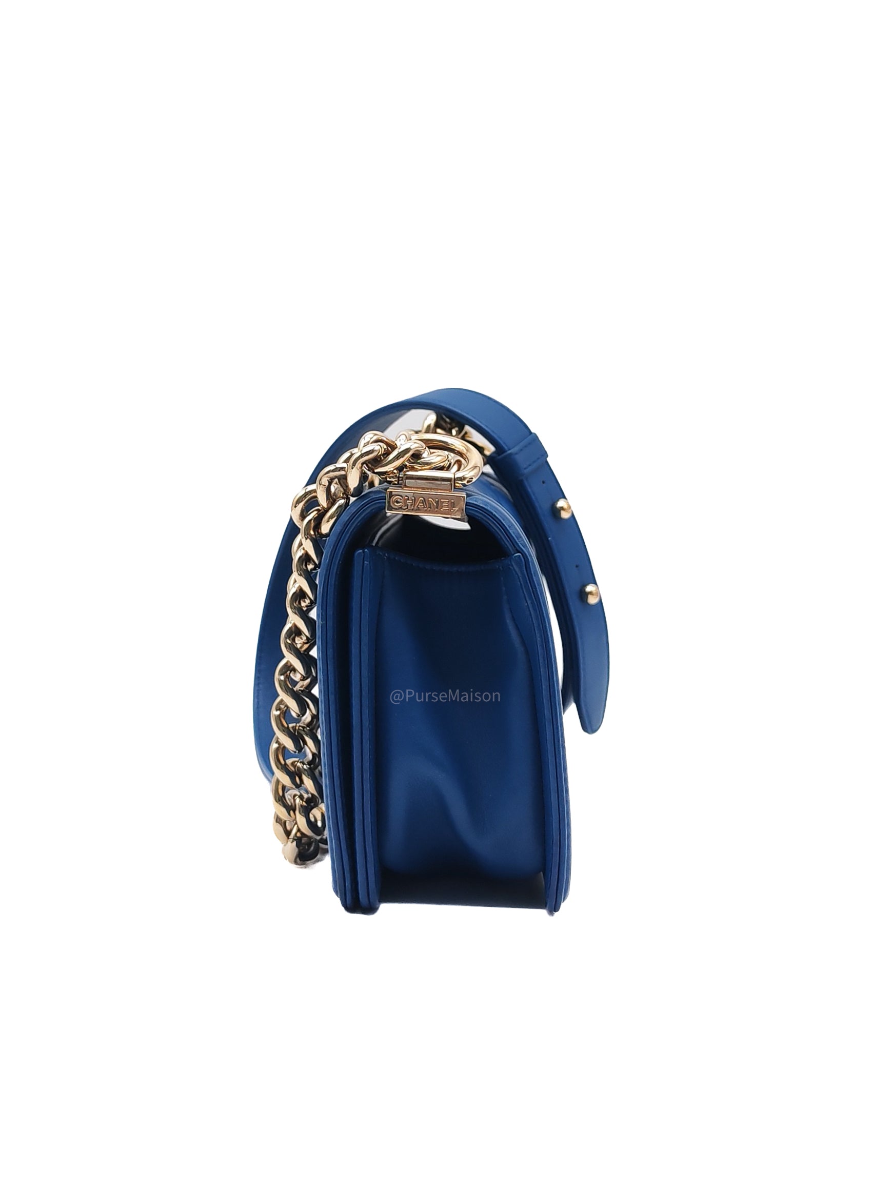 Chanel Le Boy Flap Bag Small in Blue Calfskin Leather Light Gold Hardware (Series 24)