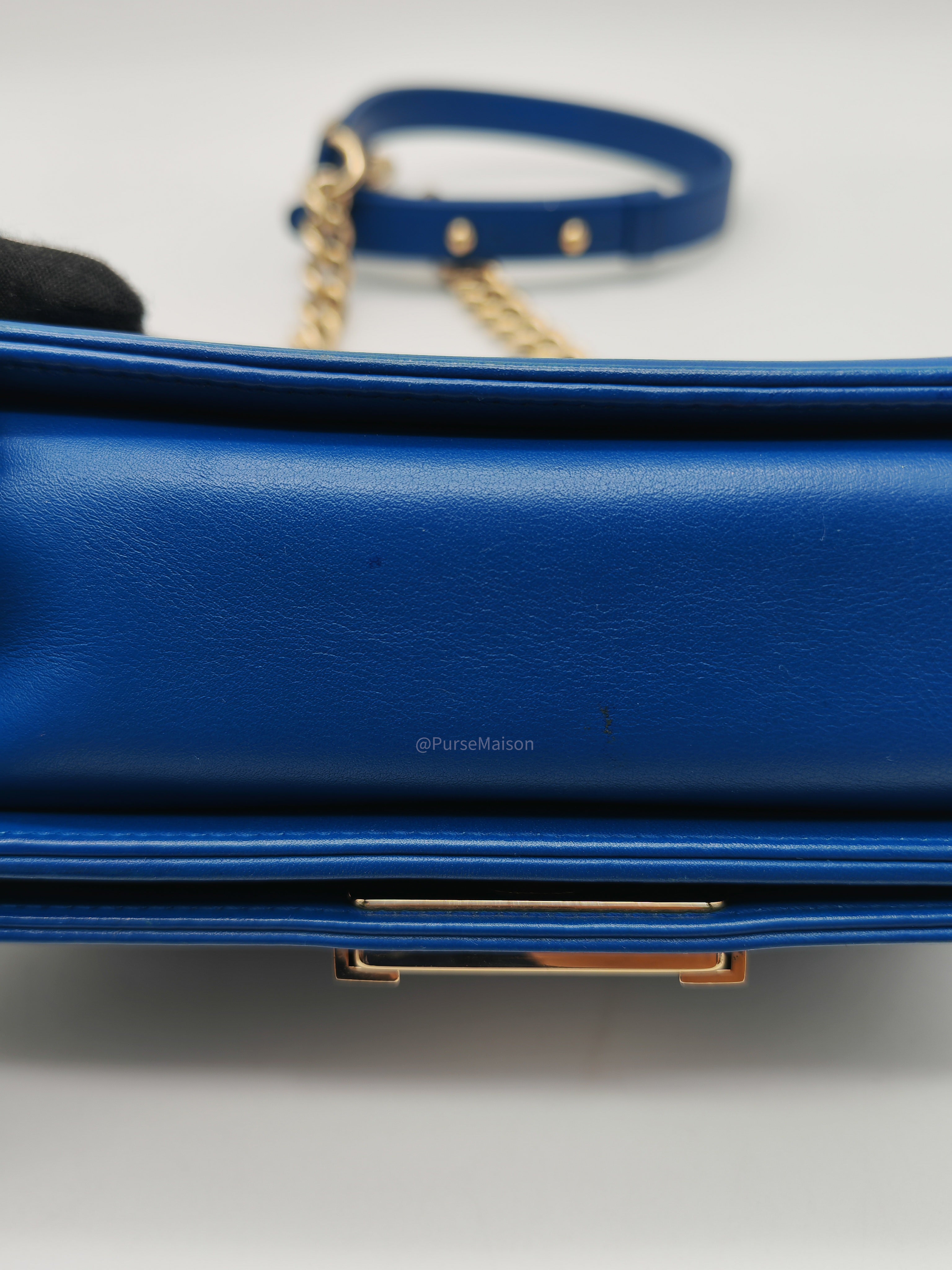 Chanel Le Boy Flap Bag Small in Blue Calfskin Leather Light Gold Hardware (Series 24)