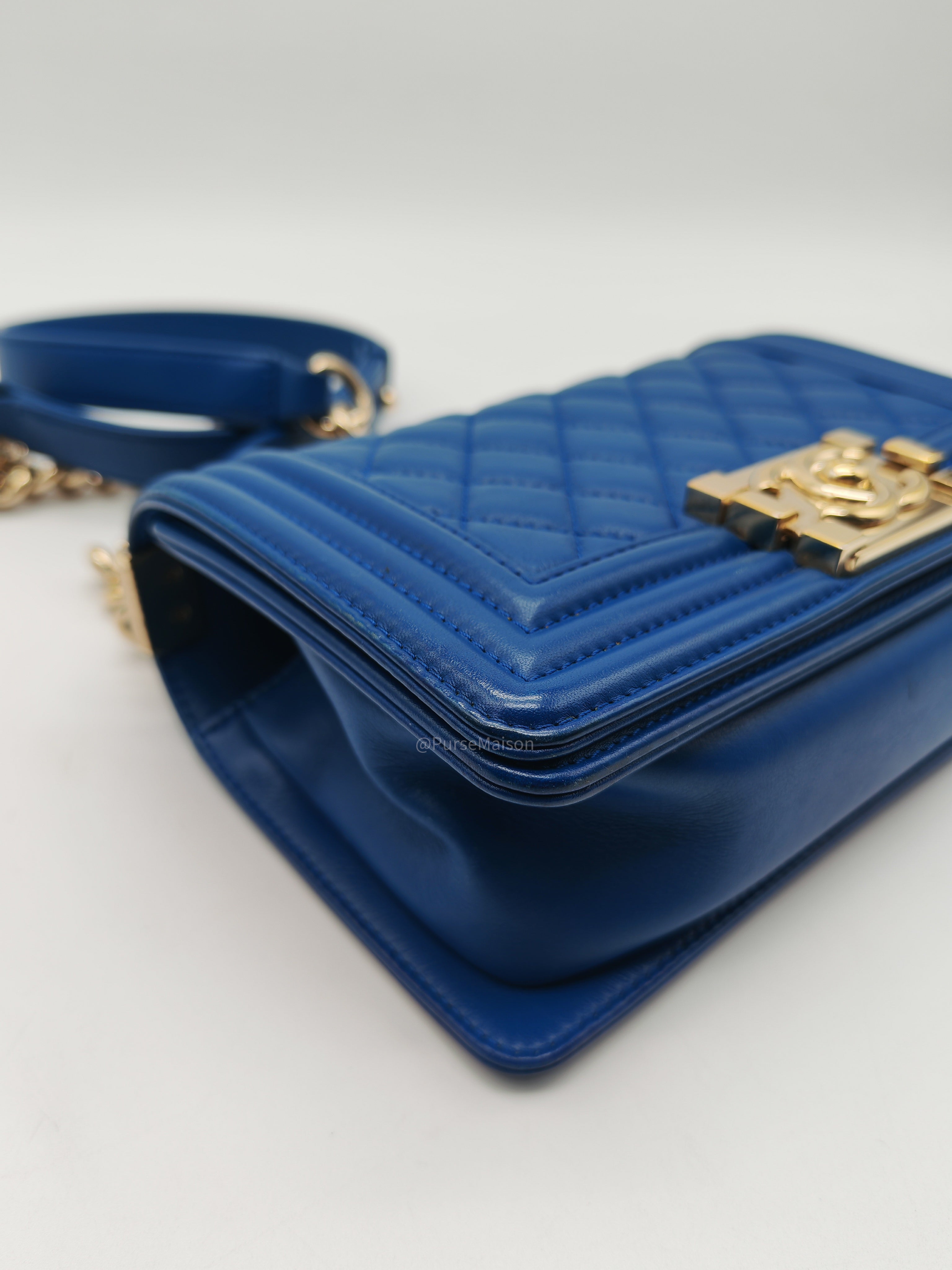 Chanel Le Boy Flap Bag Small in Blue Calfskin Leather Light Gold Hardware (Series 24)