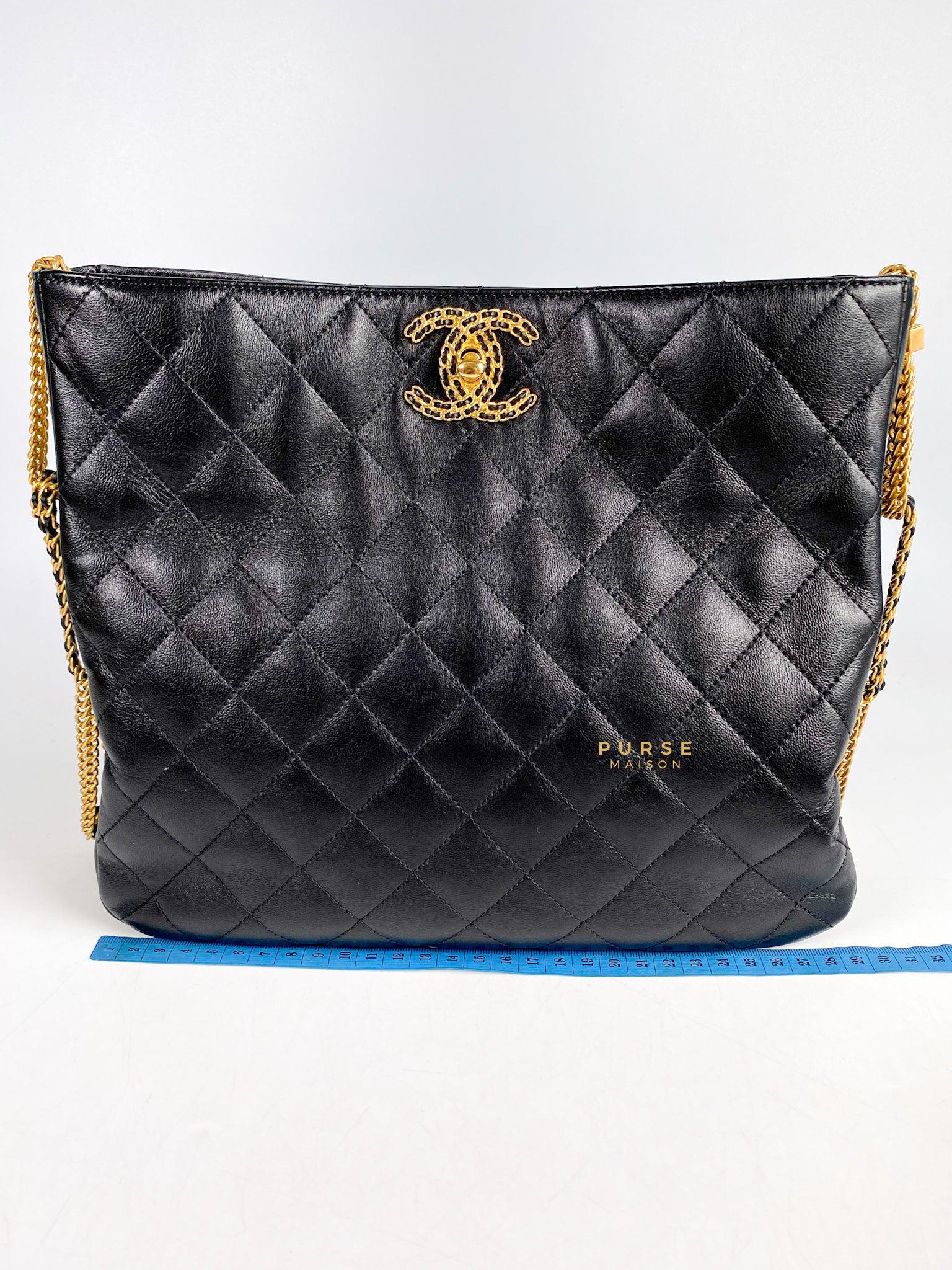 Chanel CC Black Lambskin Leather and Gold Hardware Hobo Tote Bag (Microchip)