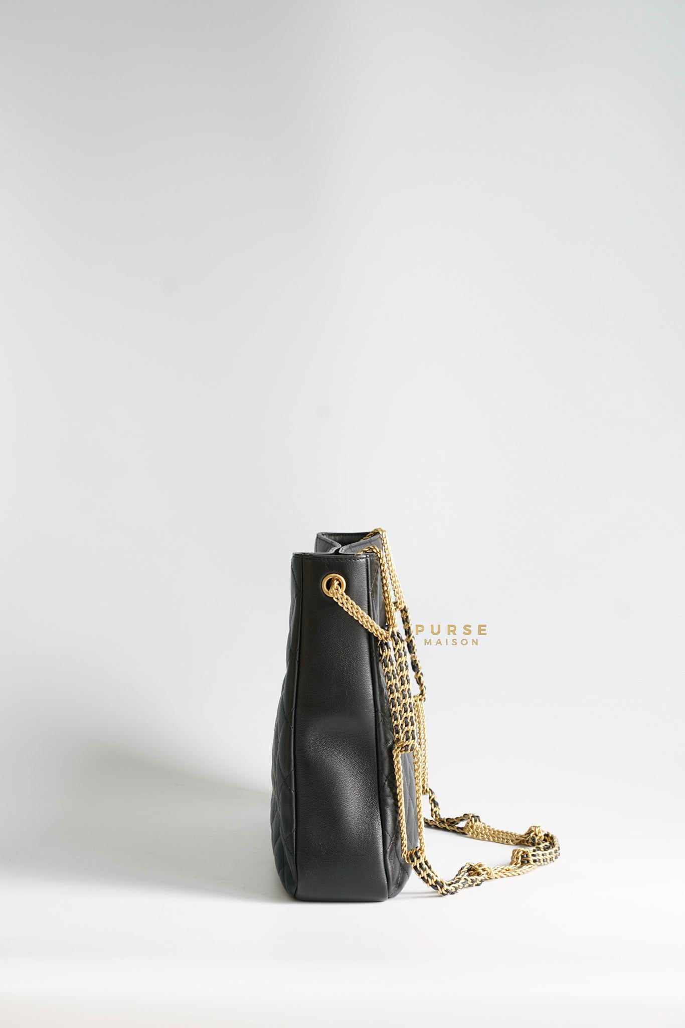 Chanel CC Black Lambskin Leather and Gold Hardware Hobo Tote Bag (Microchip)