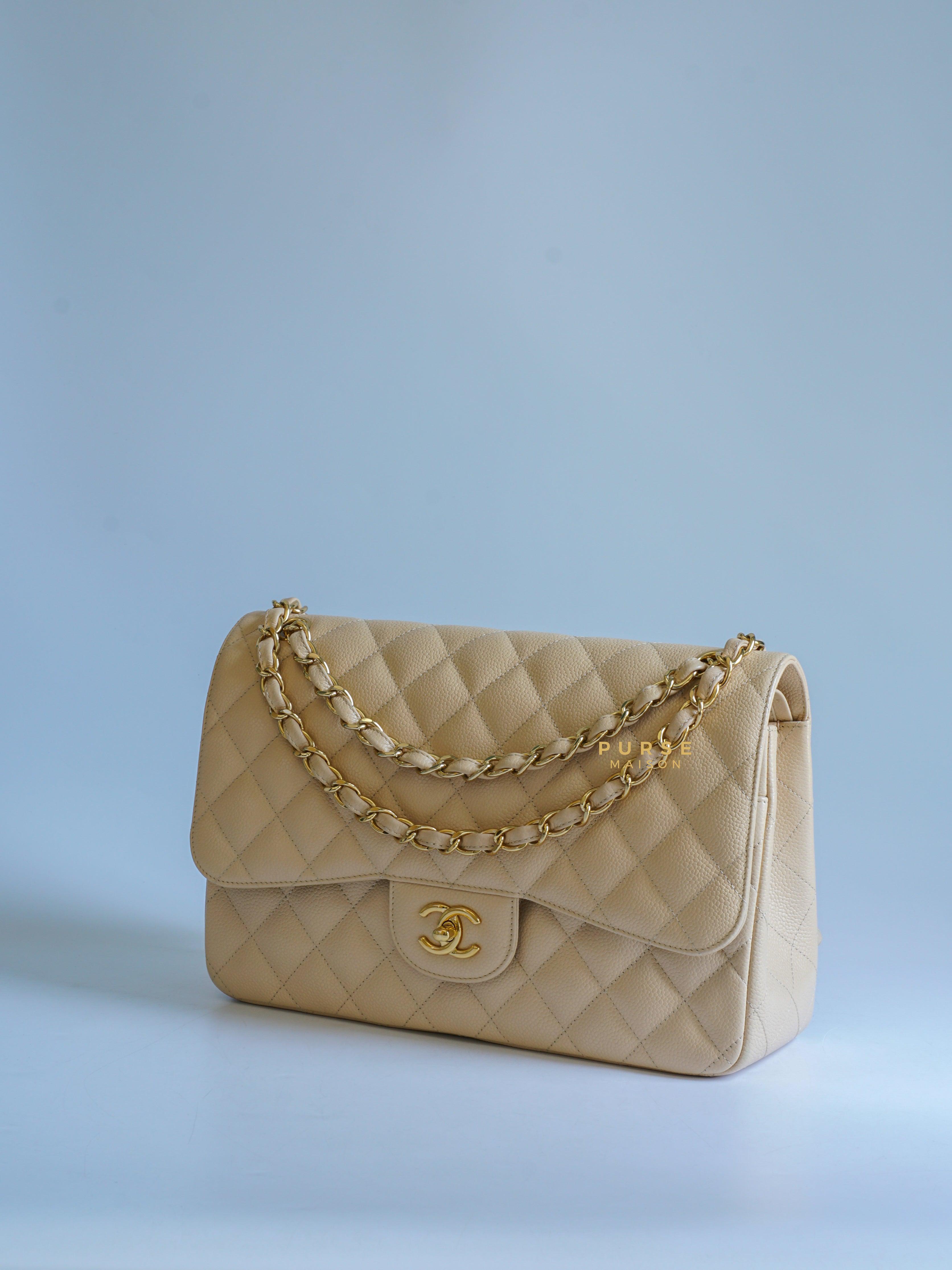 Chanel Classic Double Flap Jumbo in Beige Clair Quilted Caviar and Gold Hardware (Series 14)