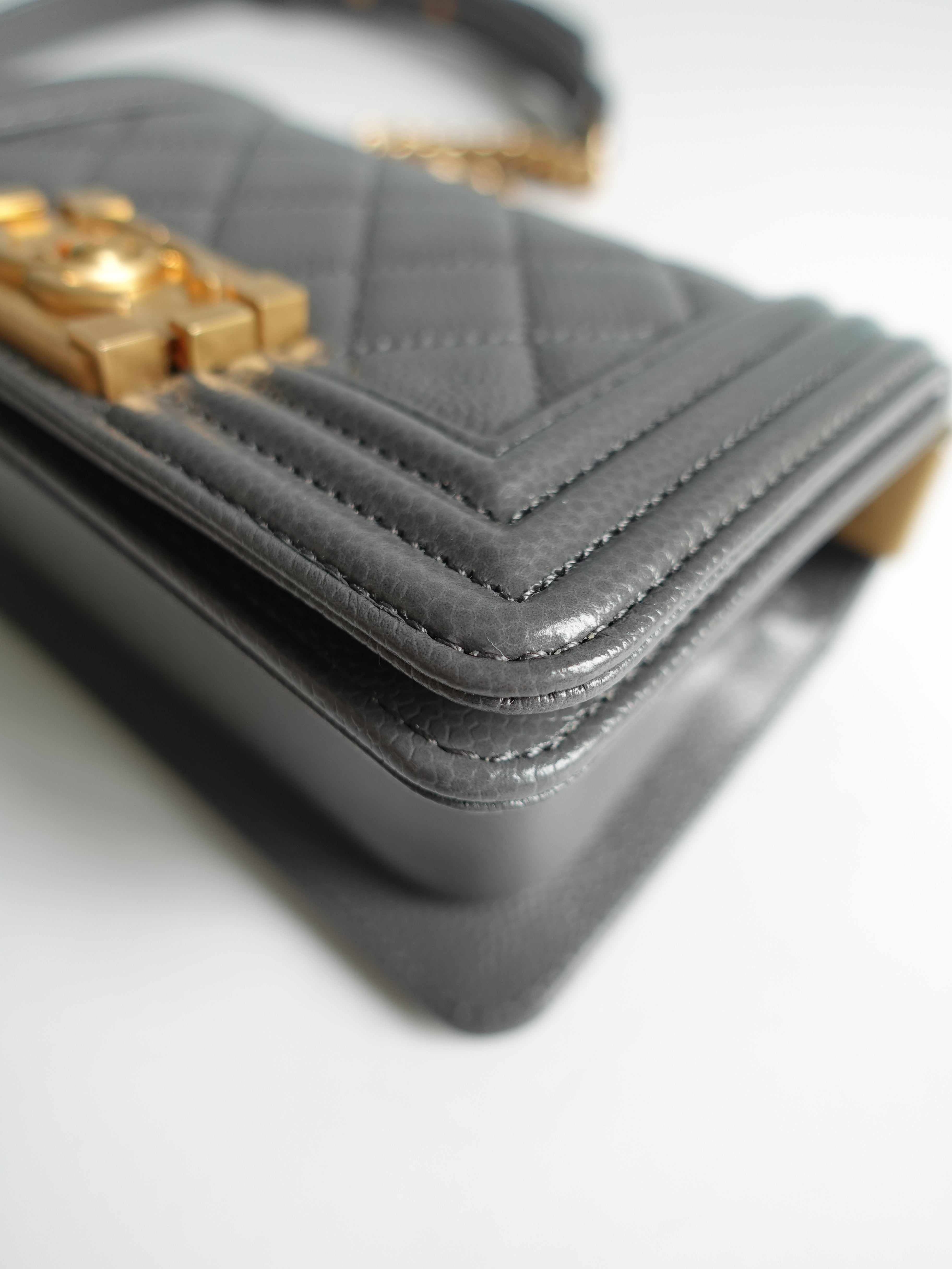 Chanel Mini Boy Dark Gray Caviar Leather and Aged Gold Hardware (Microchip)