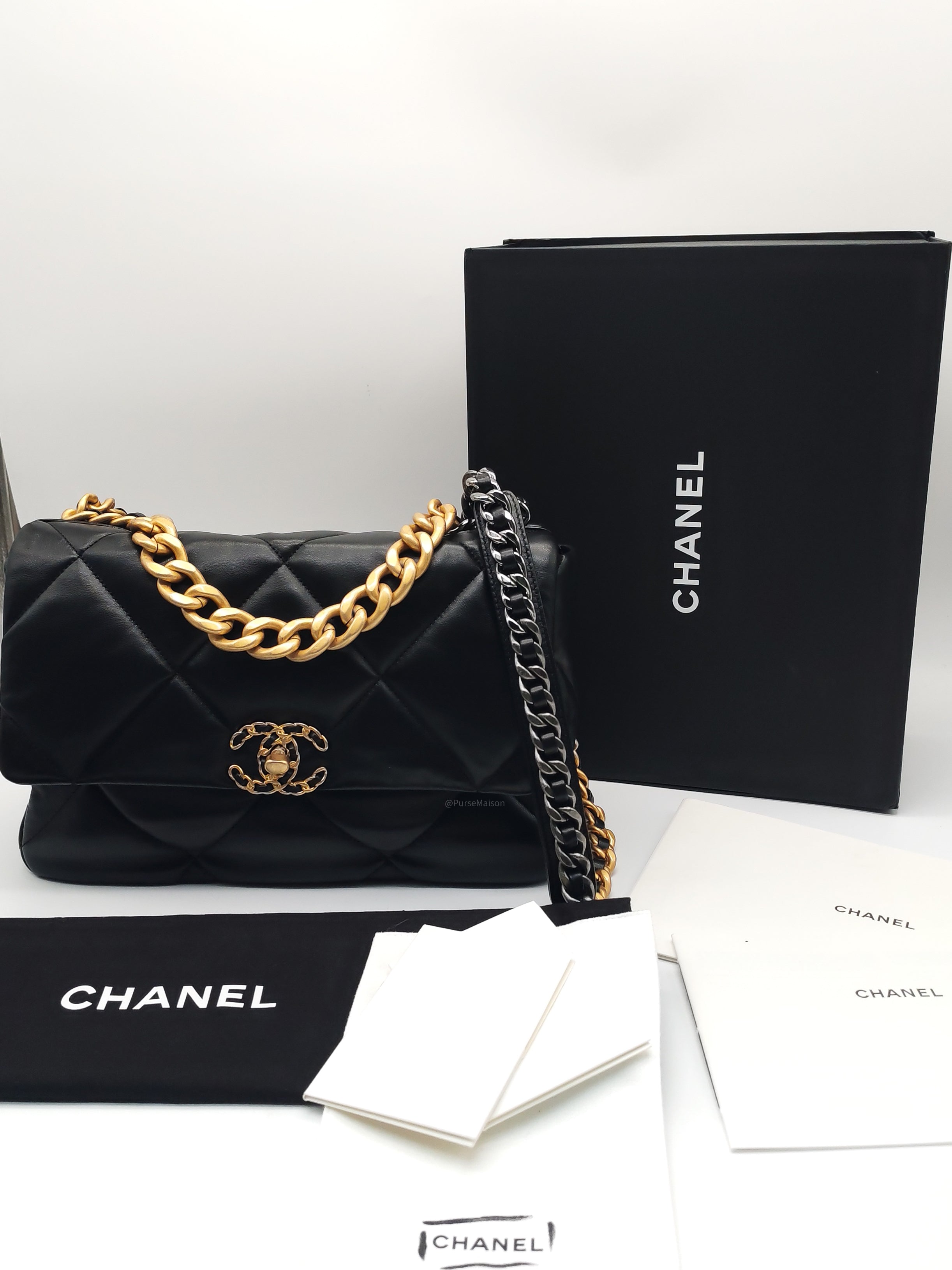 Chanel 19 Flap Bag Medium in Black Lambskin Leather Mix Hardware (Microchip)