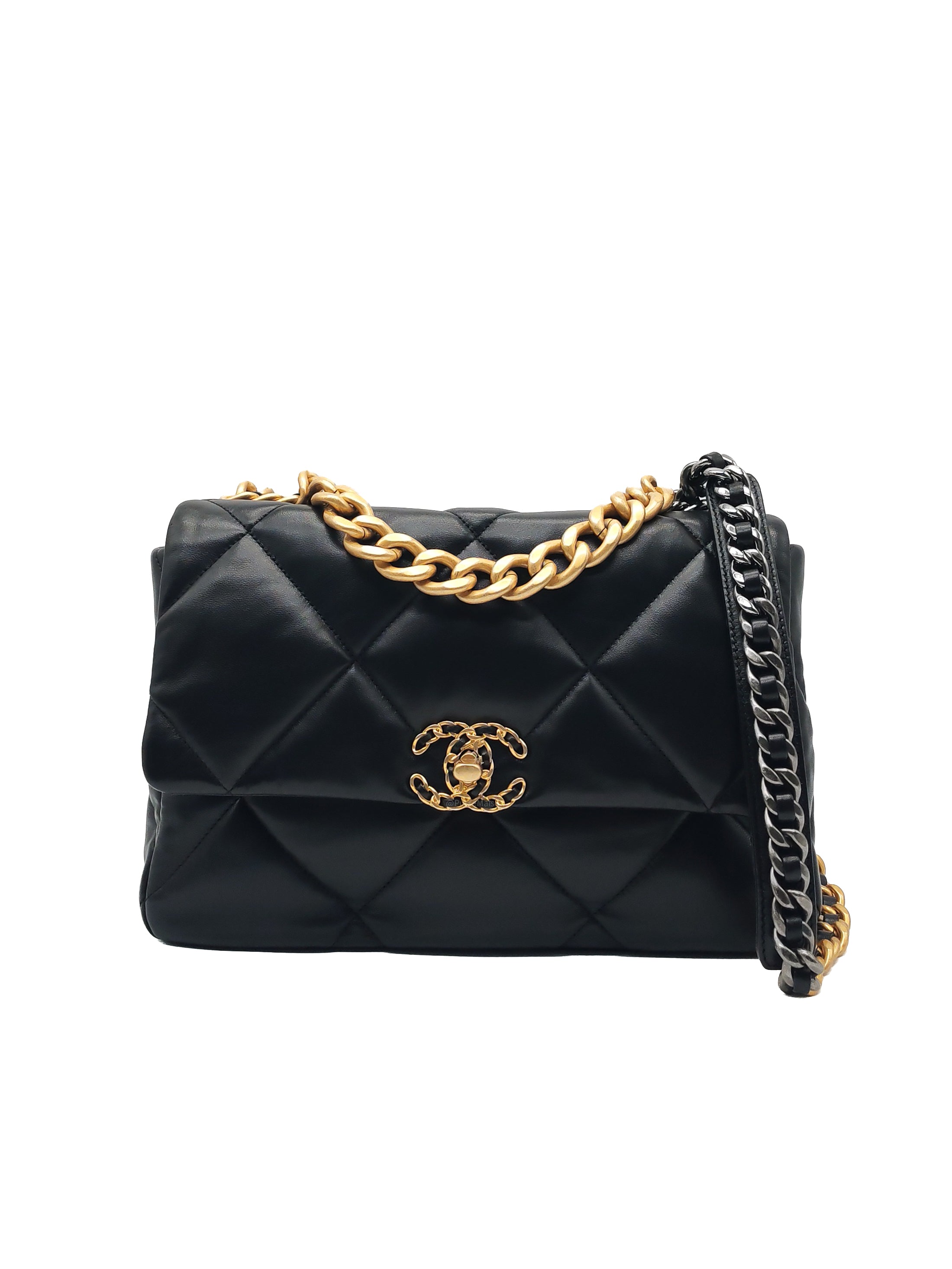 Chanel 19 Flap Bag Medium in Black Lambskin Leather Mix Hardware (Microchip)