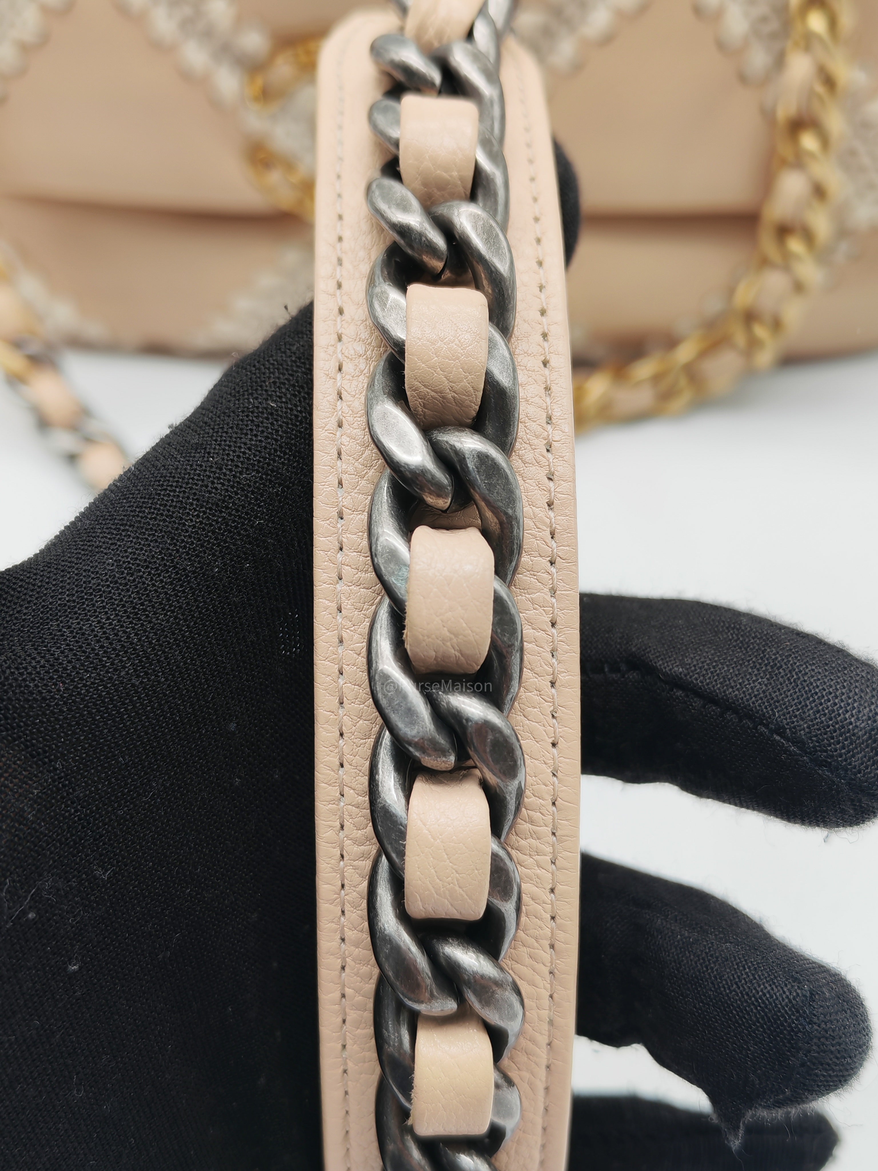 Chanel 19 Flap Bag Medium in Beige Calfskin Leather with Crochet Trim and Mixed Hardware Series 30