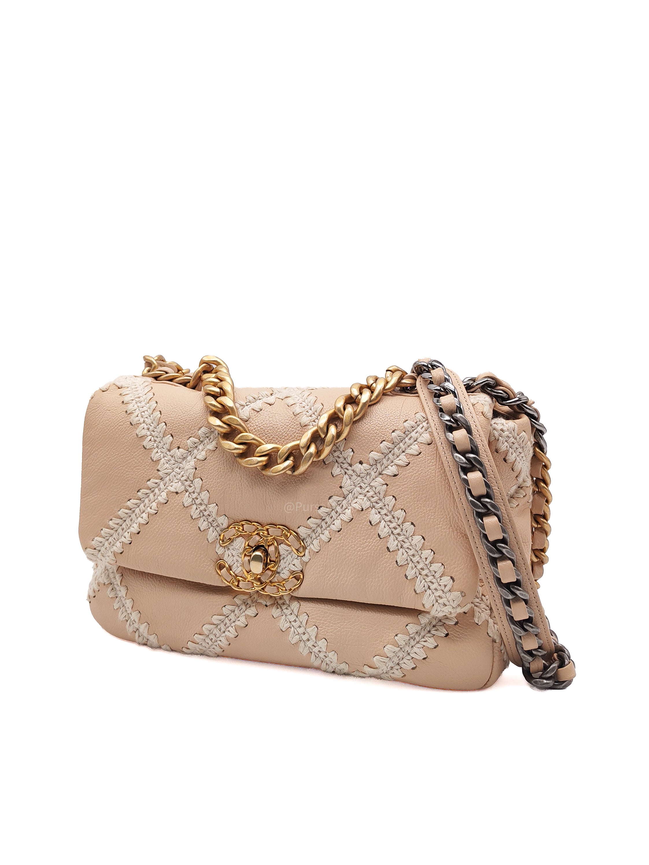 Chanel 19 Flap Bag Medium in Beige Calfskin Leather with Crochet Trim and Mixed Hardware Series 30