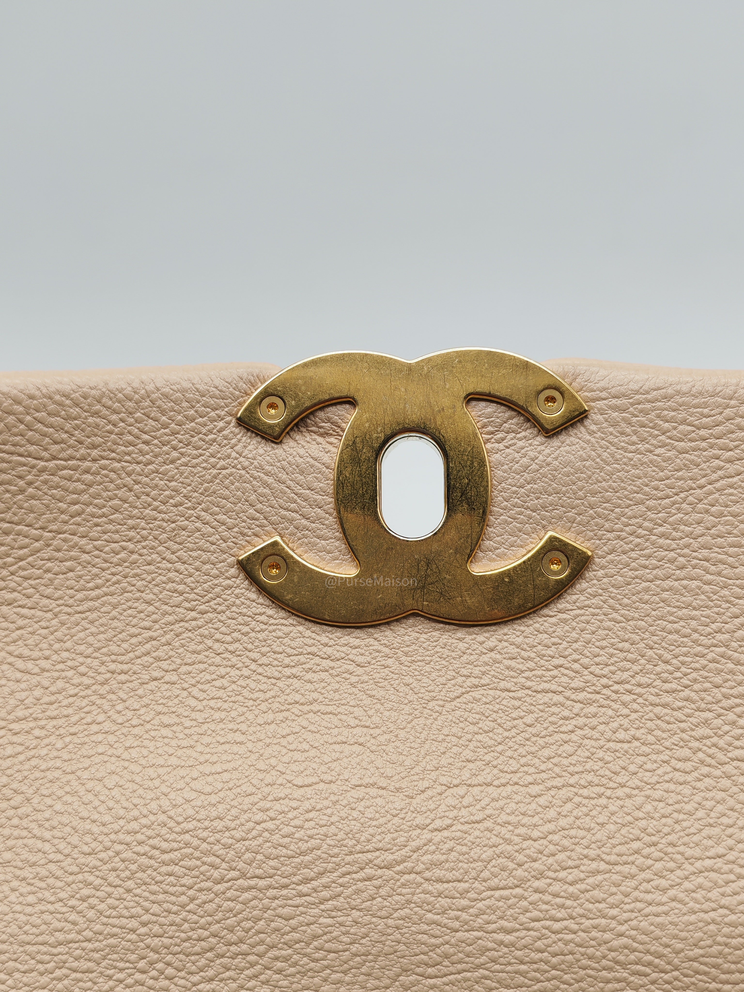 Chanel 19 Flap Bag Medium in Beige Calfskin Leather with Crochet Trim and Mixed Hardware Series 30