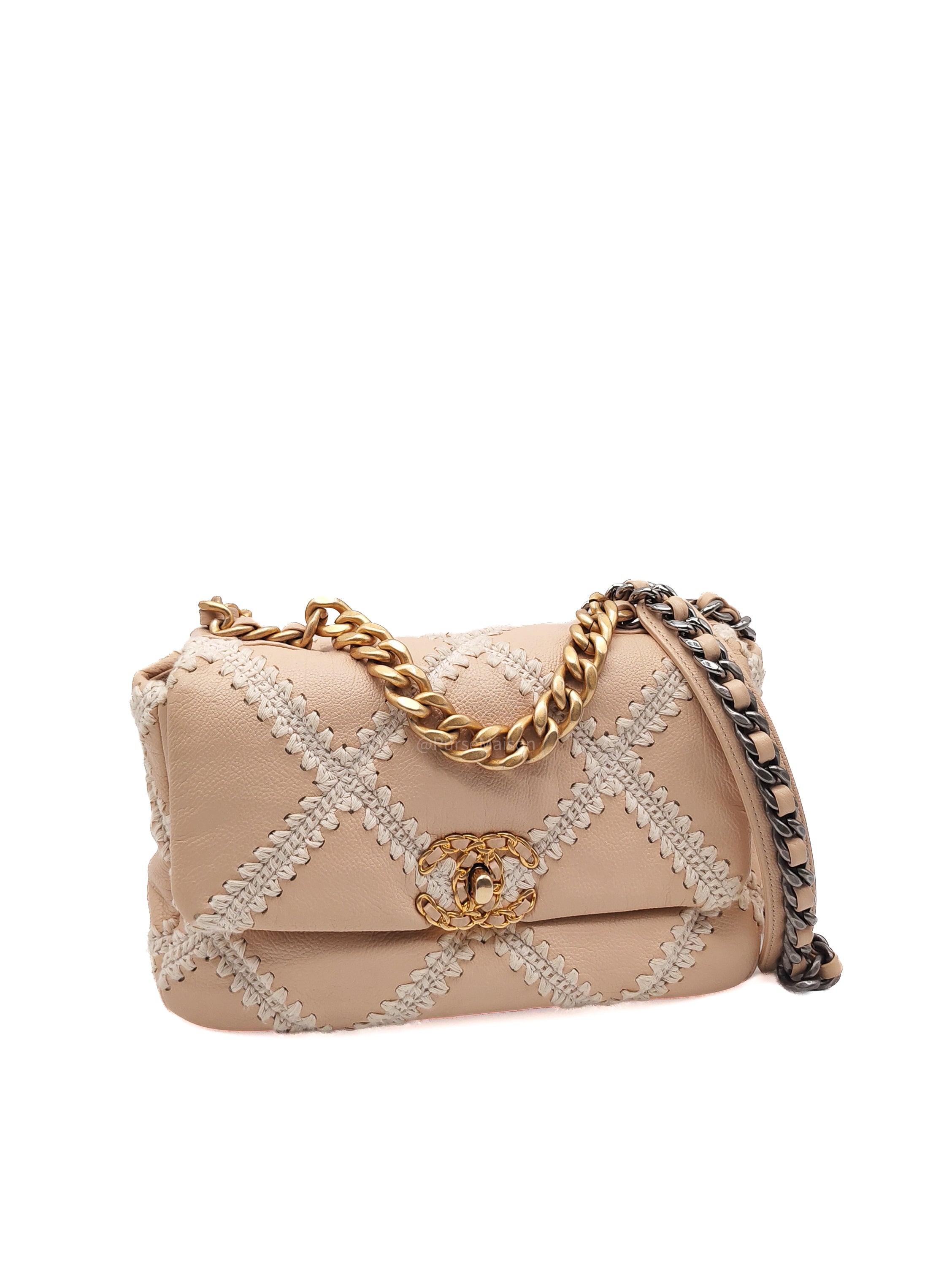 Chanel 19 Flap Bag Medium in Beige Calfskin Leather with Crochet Trim and Mixed Hardware Series 30
