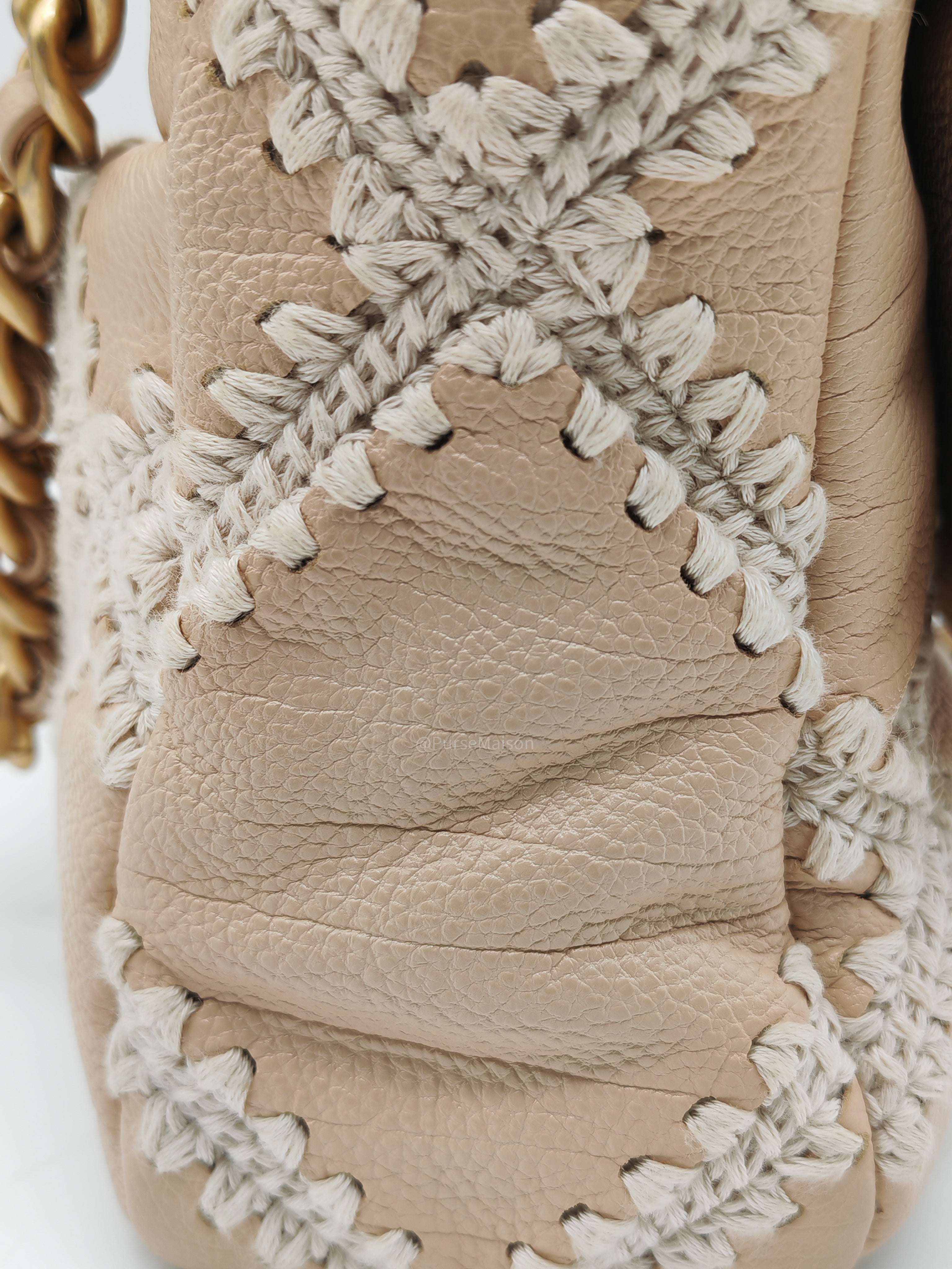 Chanel 19 Flap Bag Medium in Beige Calfskin Leather with Crochet Trim and Mixed Hardware Series 30