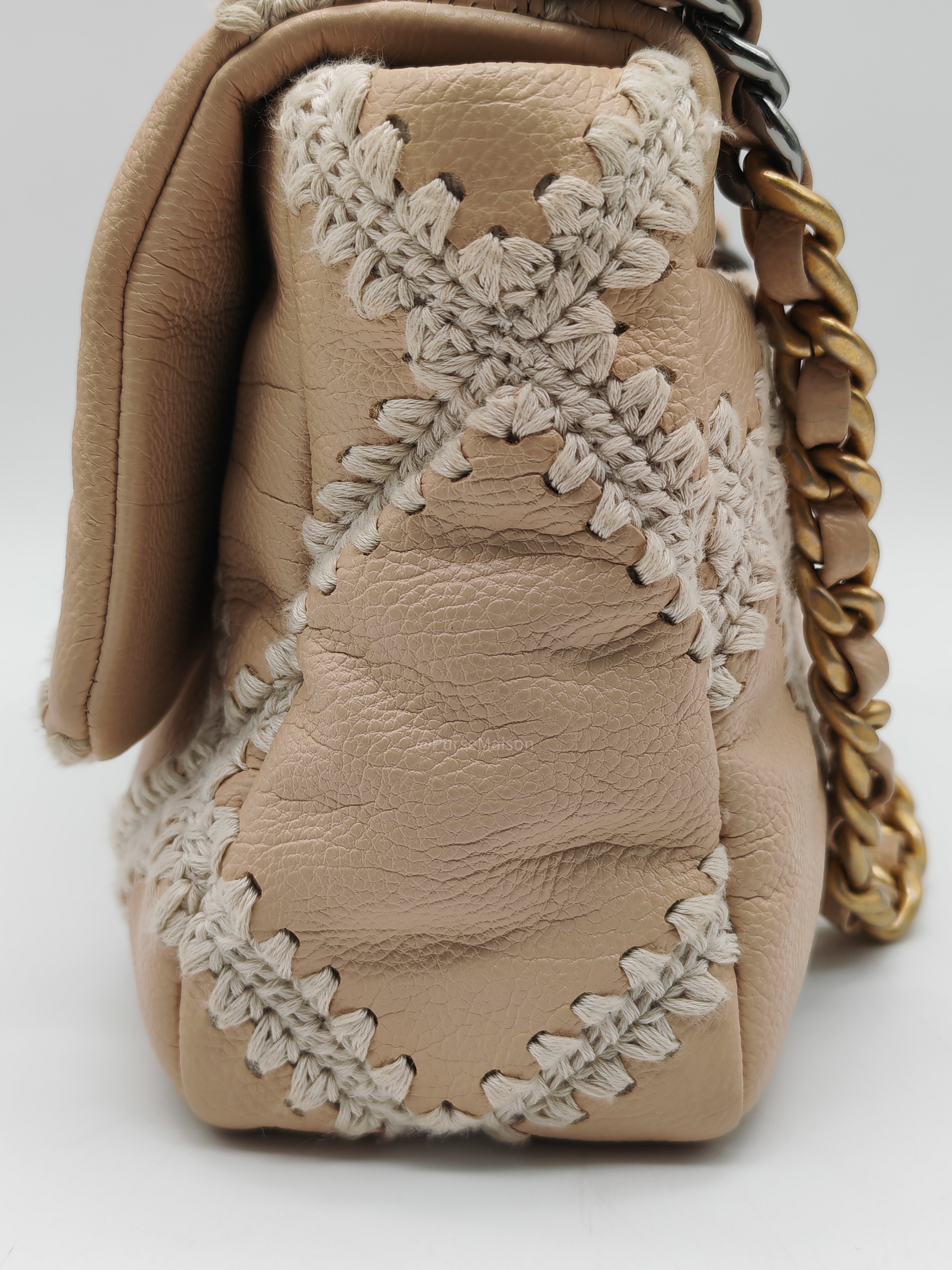 Chanel 19 Flap Bag Medium in Beige Calfskin Leather with Crochet Trim and Mixed Hardware Series 30