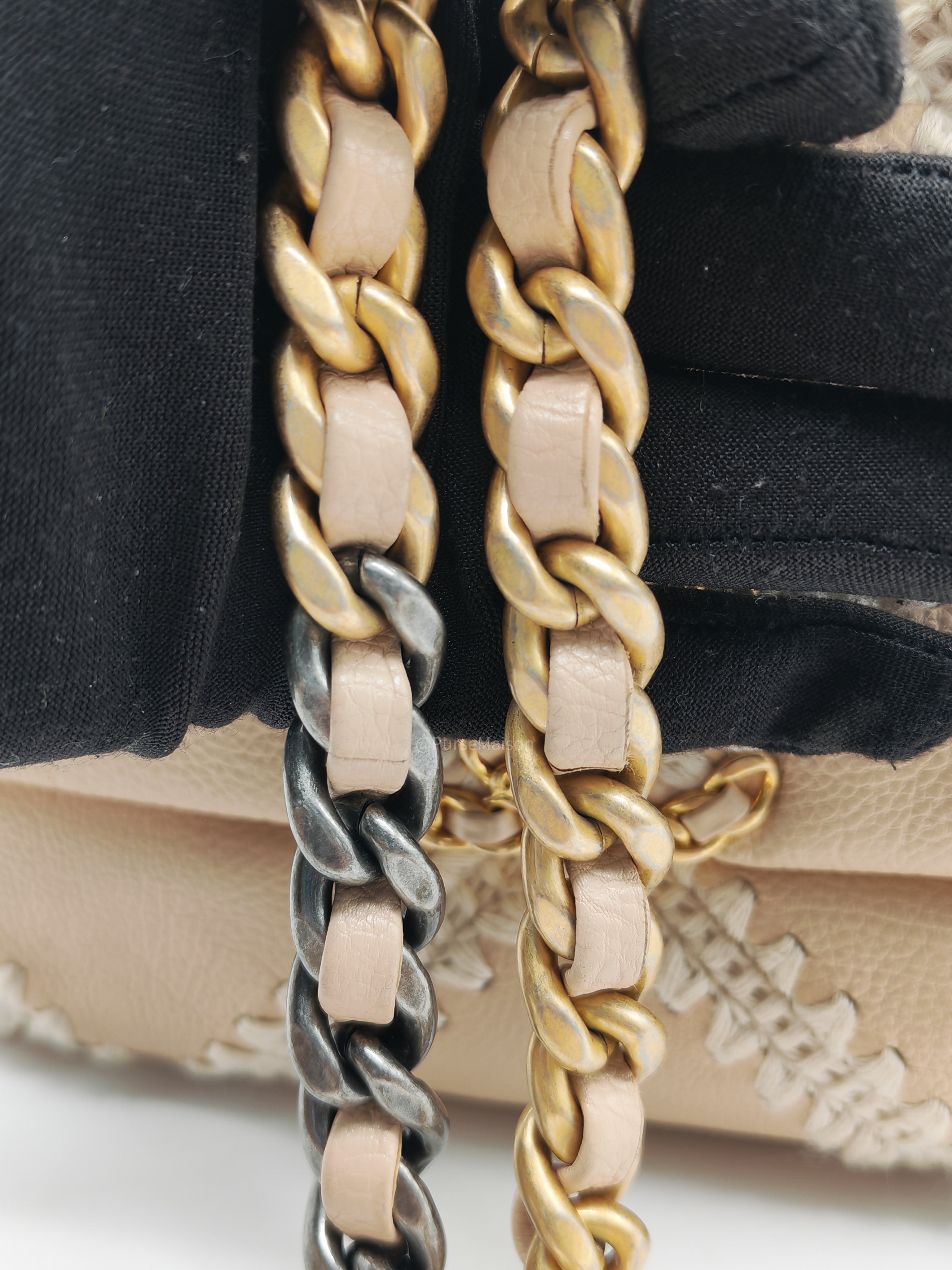 Chanel 19 Flap Bag Medium in Beige Calfskin Leather with Crochet Trim and Mixed Hardware Series 30