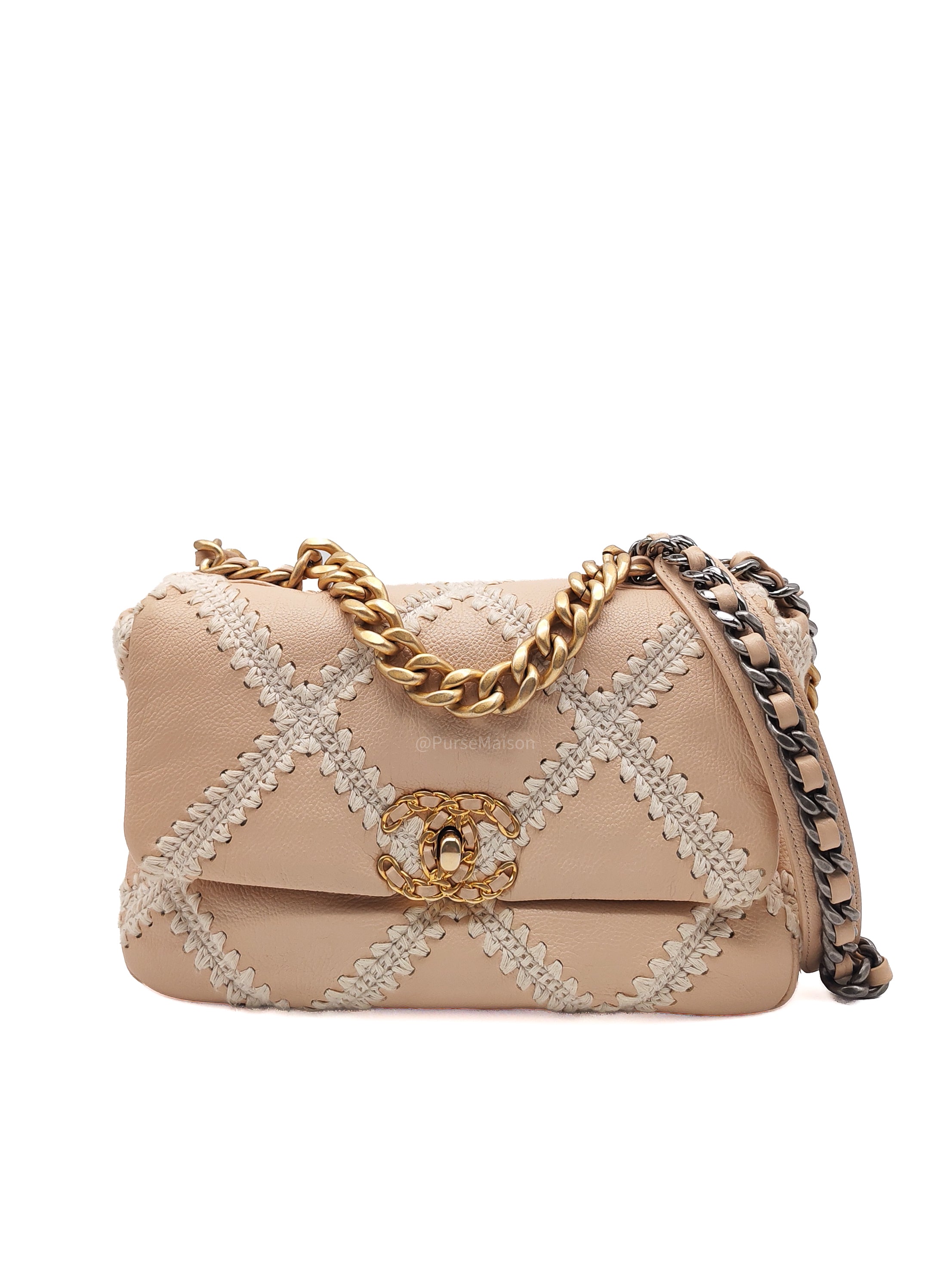 Chanel 19 Flap Bag Medium in Beige Calfskin Leather with Crochet Trim and Mixed Hardware Series 30