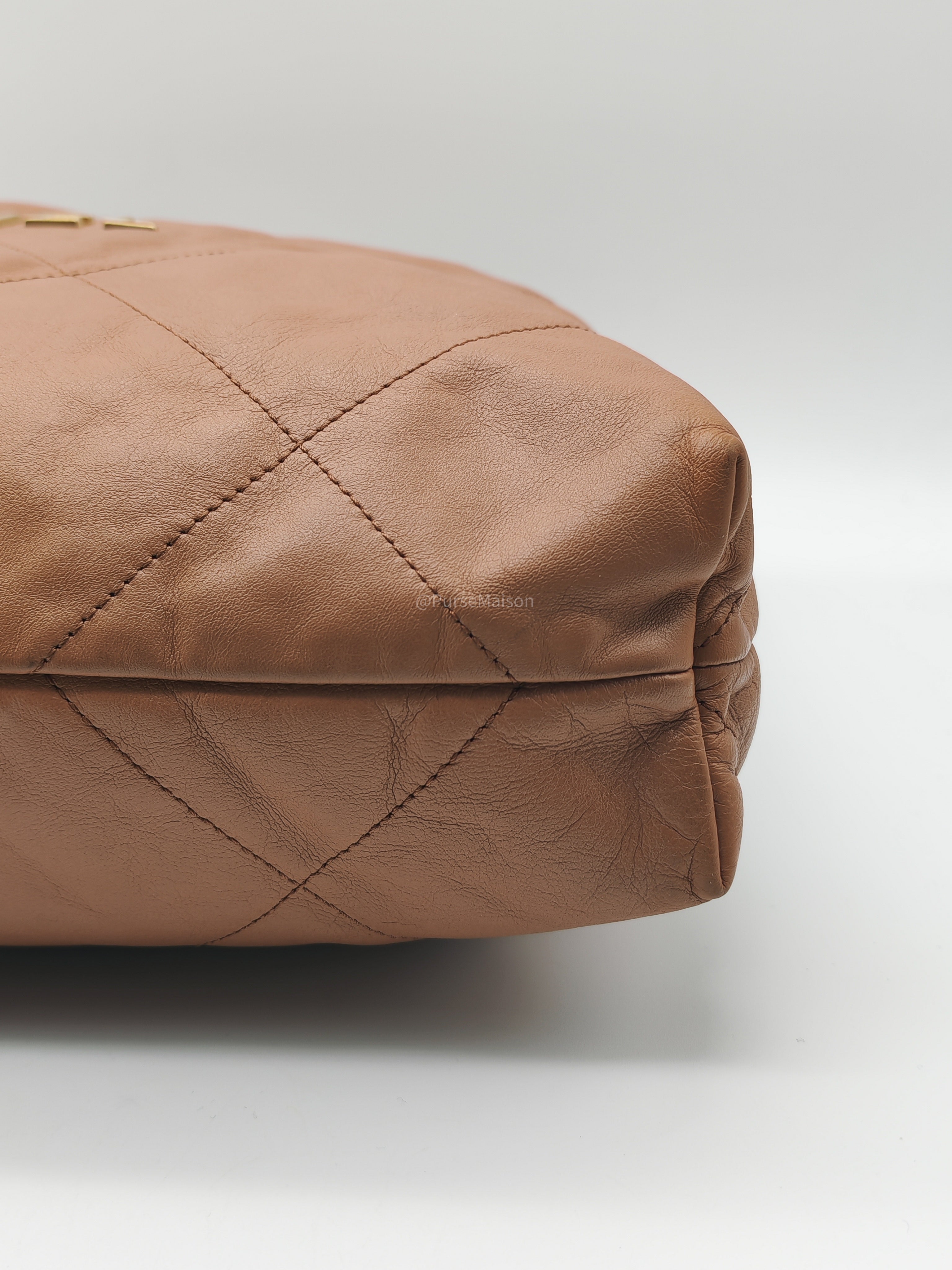 Chanel 22 Medium in Caramel Calfskin Leather Aged Gold Hardware (Microchip)