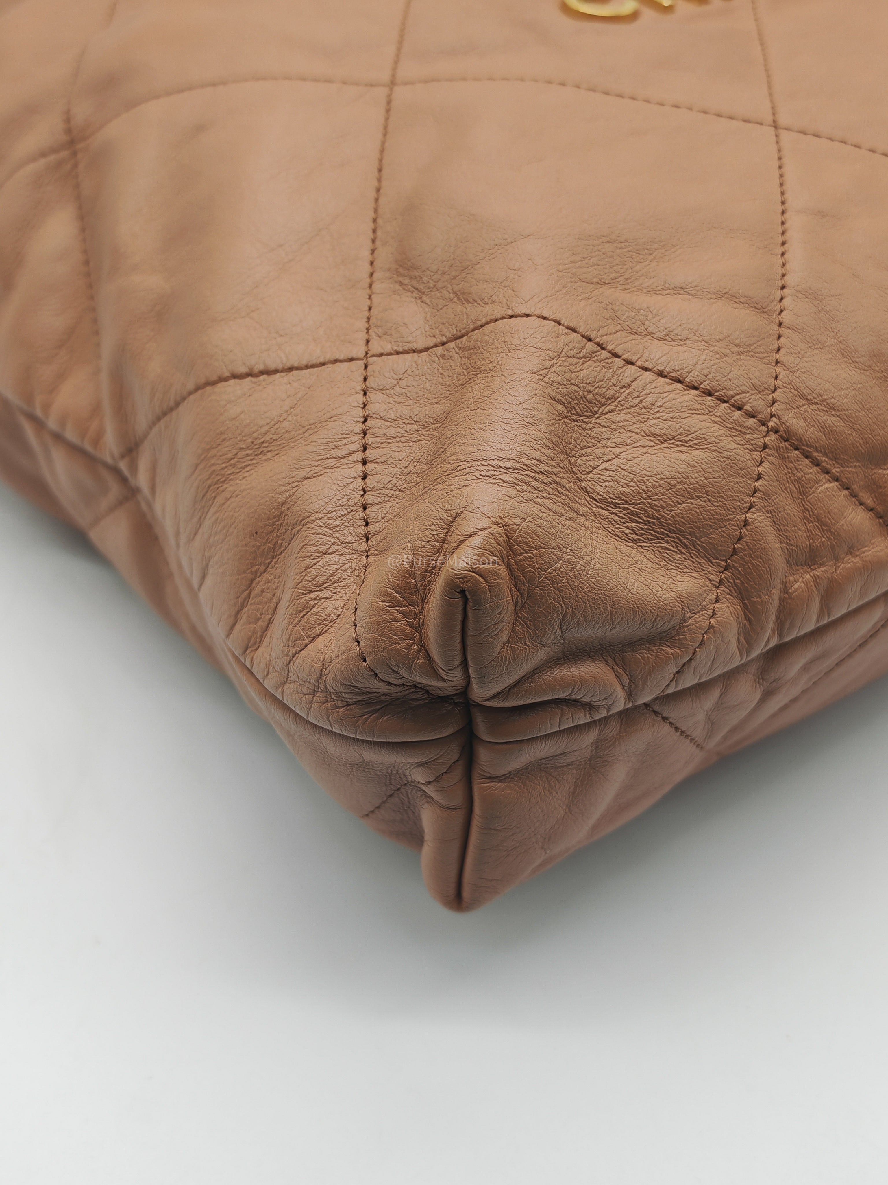 Chanel 22 Medium in Caramel Calfskin Leather Aged Gold Hardware (Microchip)