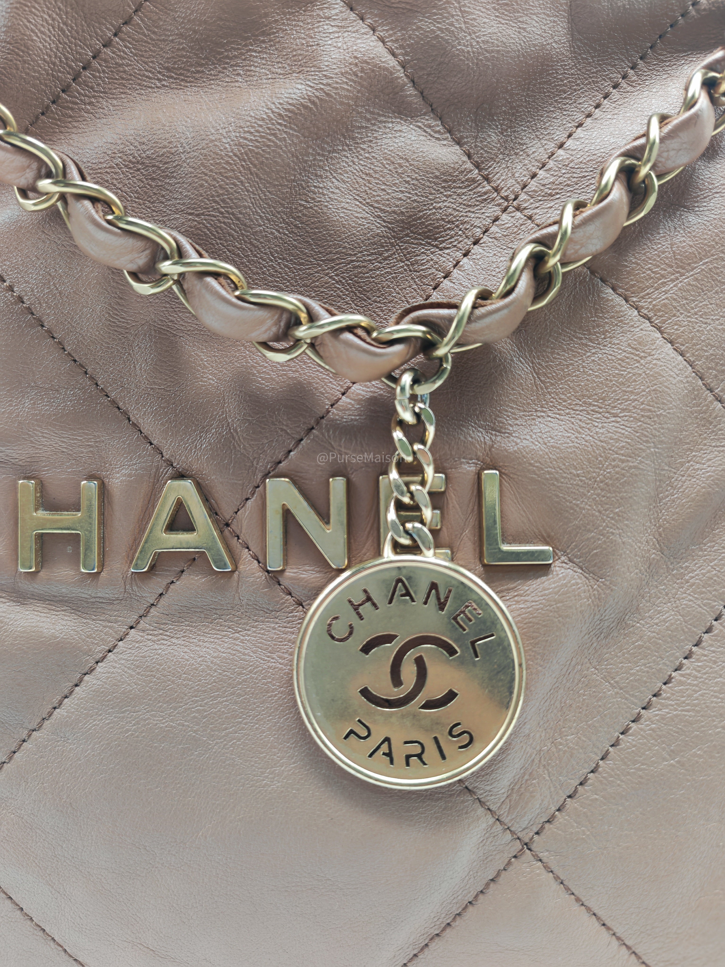 Chanel 22 Medium in Caramel Calfskin Leather Aged Gold Hardware (Microchip)