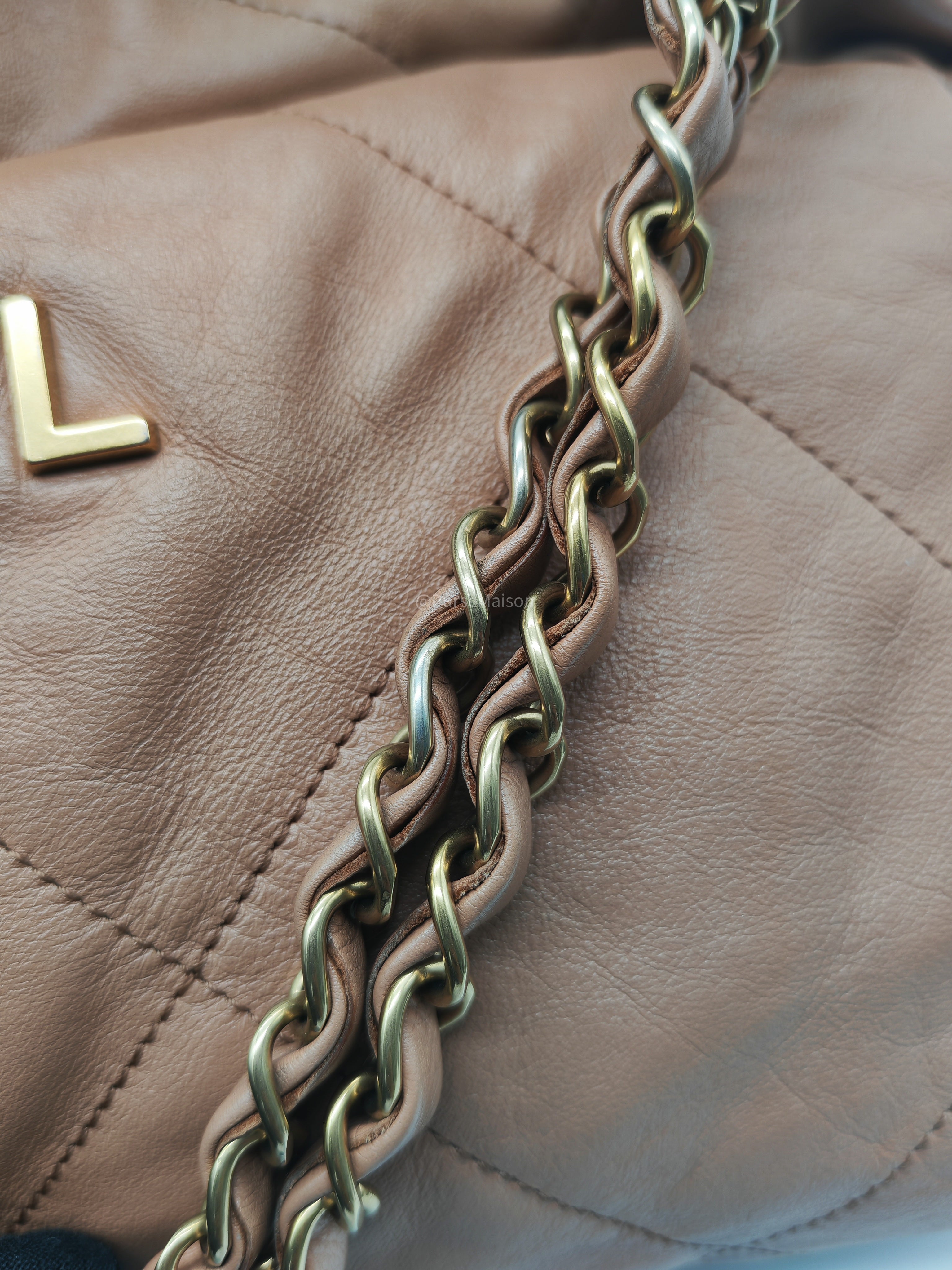 Chanel 22 Medium in Caramel Calfskin Leather Aged Gold Hardware (Microchip)