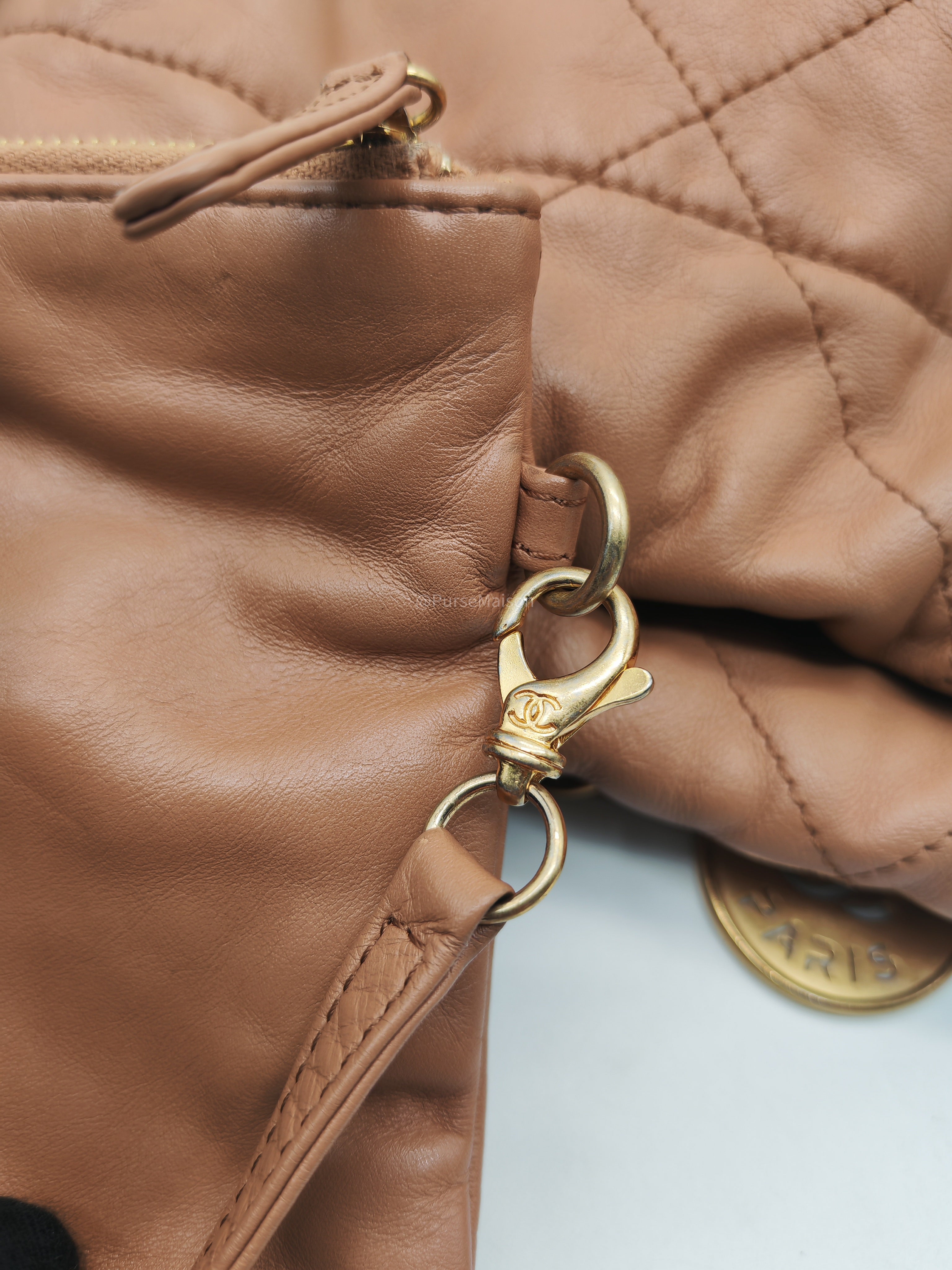 Chanel 22 Medium in Caramel Calfskin Leather Aged Gold Hardware (Microchip)