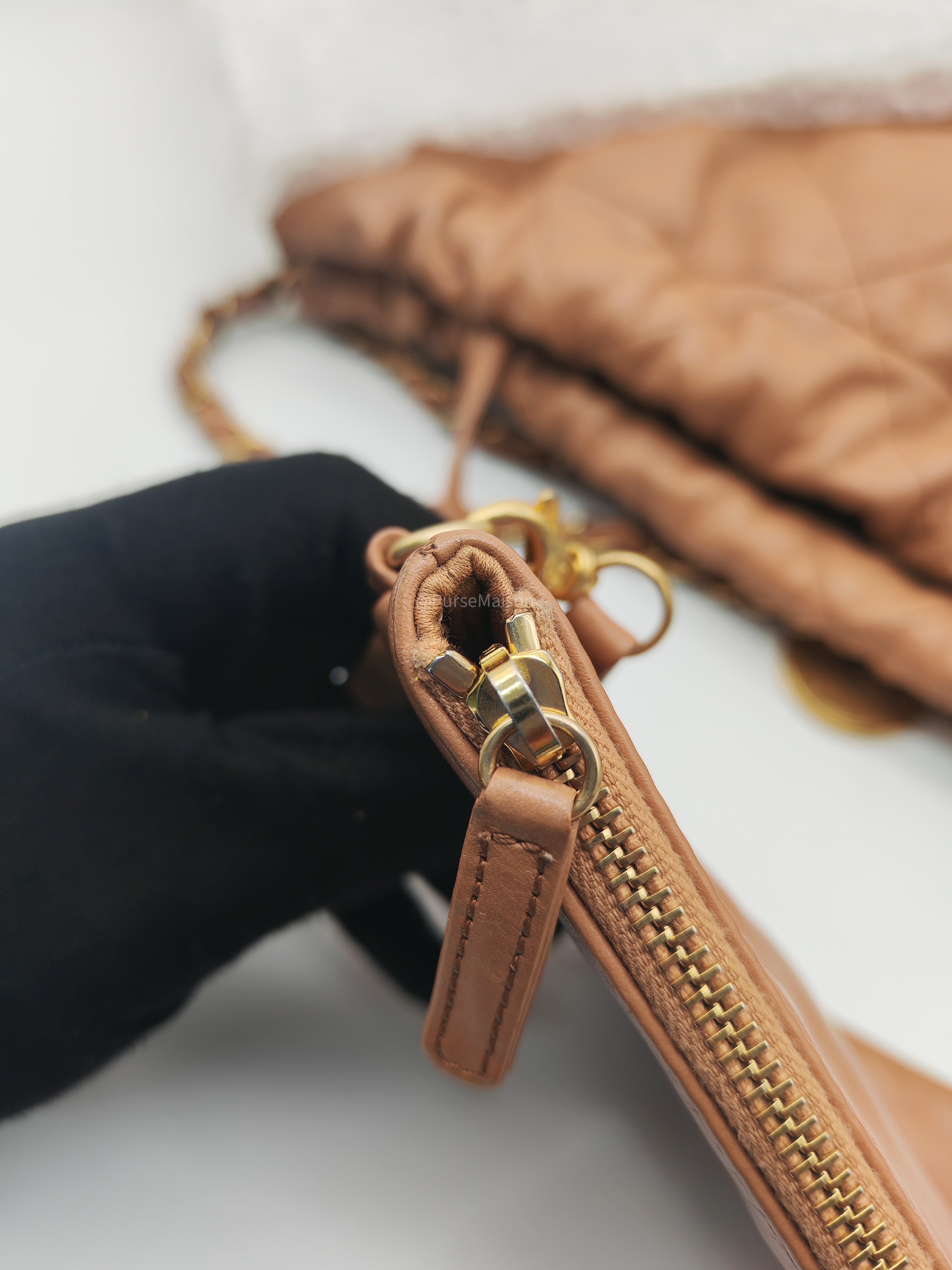 Chanel 22 Medium in Caramel Calfskin Leather Aged Gold Hardware (Microchip)