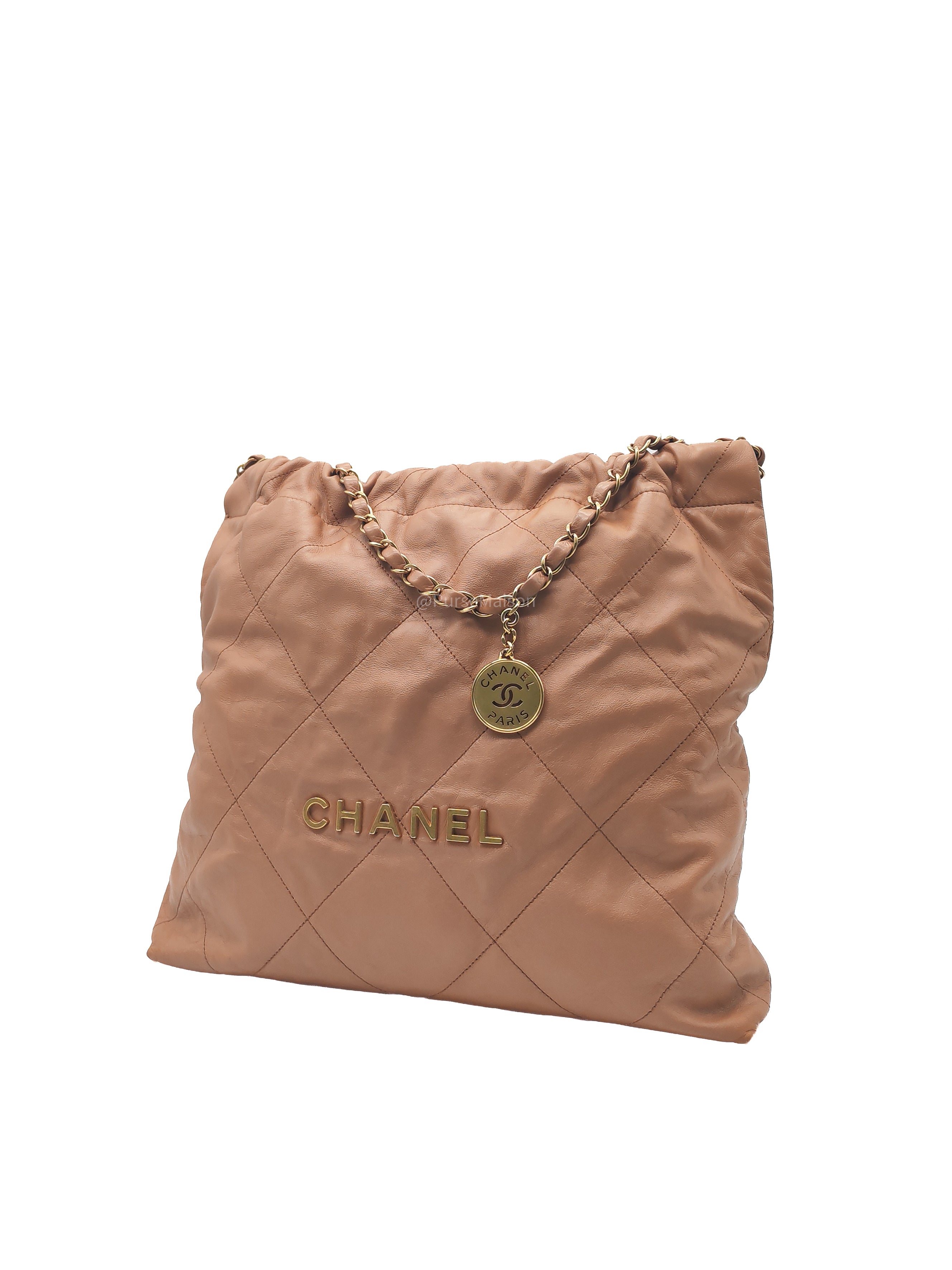 Chanel 22 Medium in Caramel Calfskin Leather Aged Gold Hardware (Microchip)