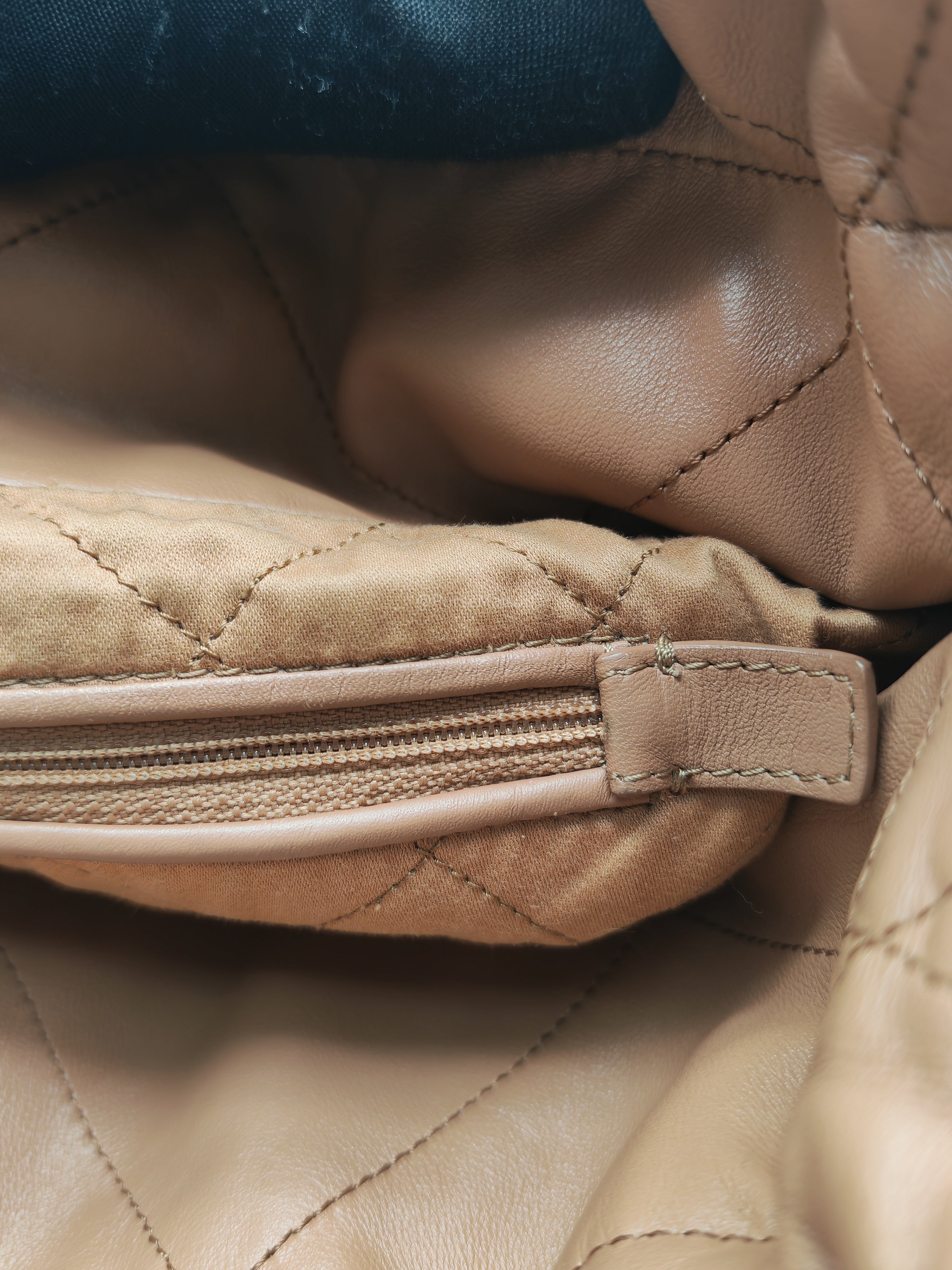 Chanel 22 Medium in Caramel Calfskin Leather Aged Gold Hardware (Microchip)