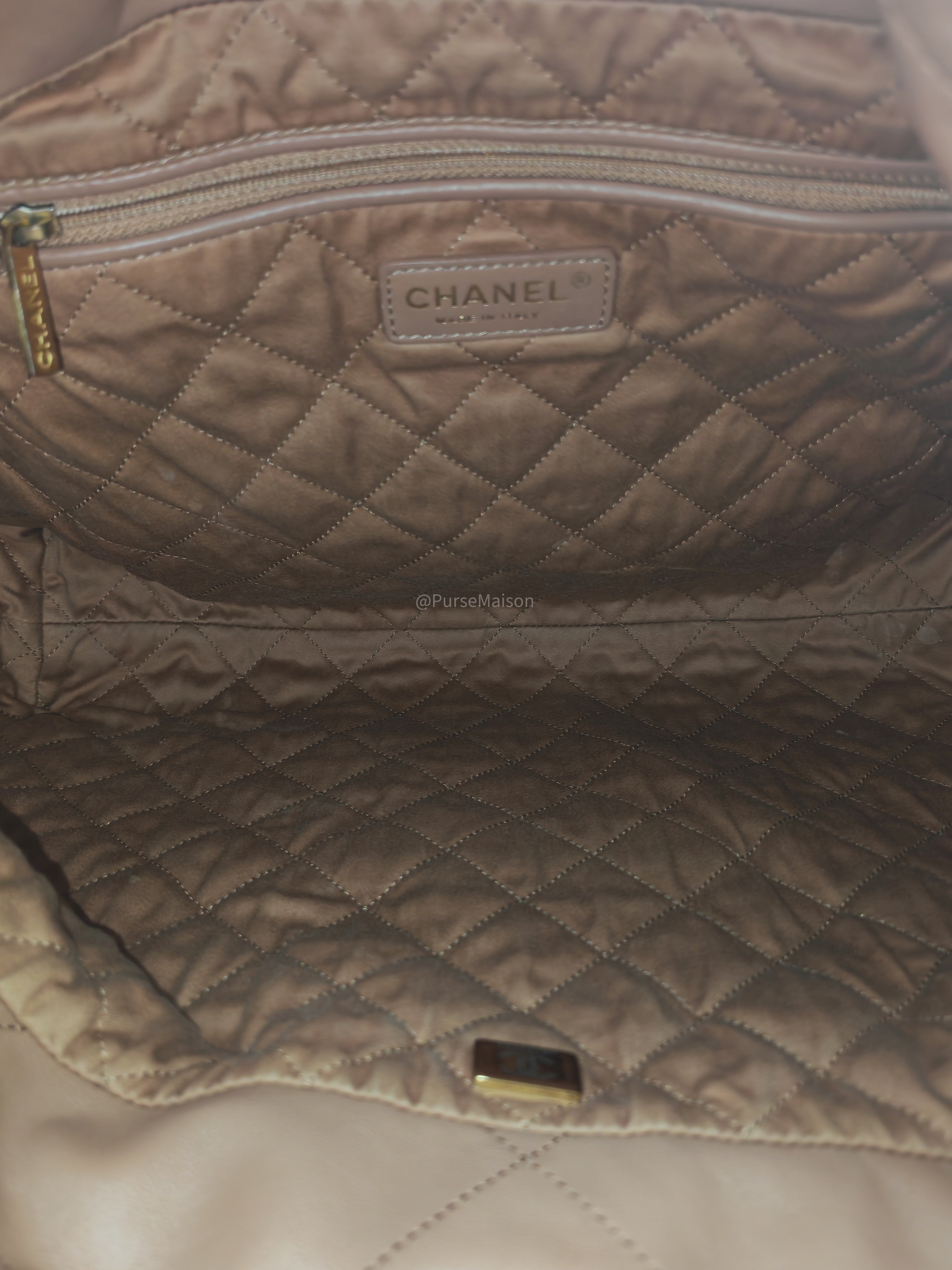 Chanel 22 Medium in Caramel Calfskin Leather Aged Gold Hardware (Microchip)