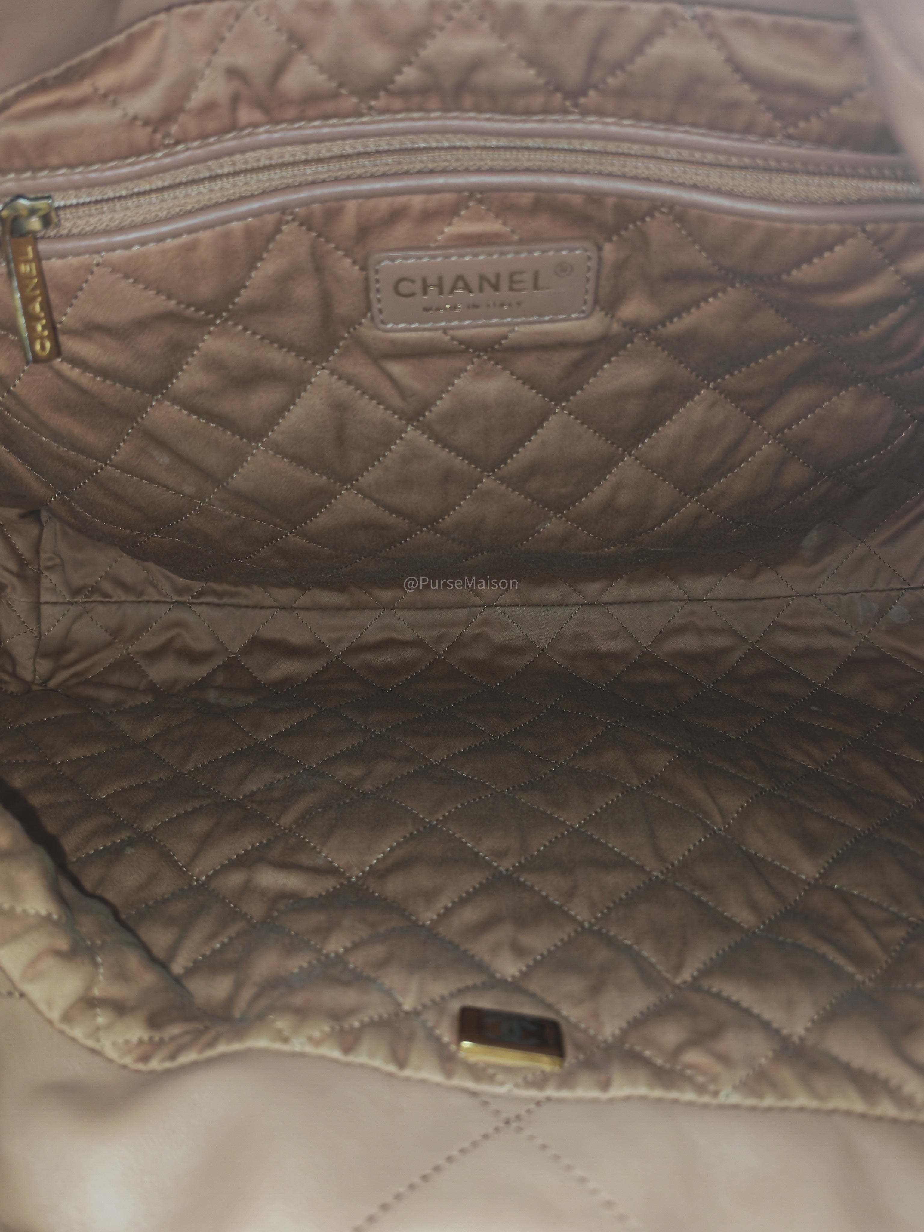 Chanel 22 Medium in Caramel Calfskin Leather Aged Gold Hardware (Microchip)