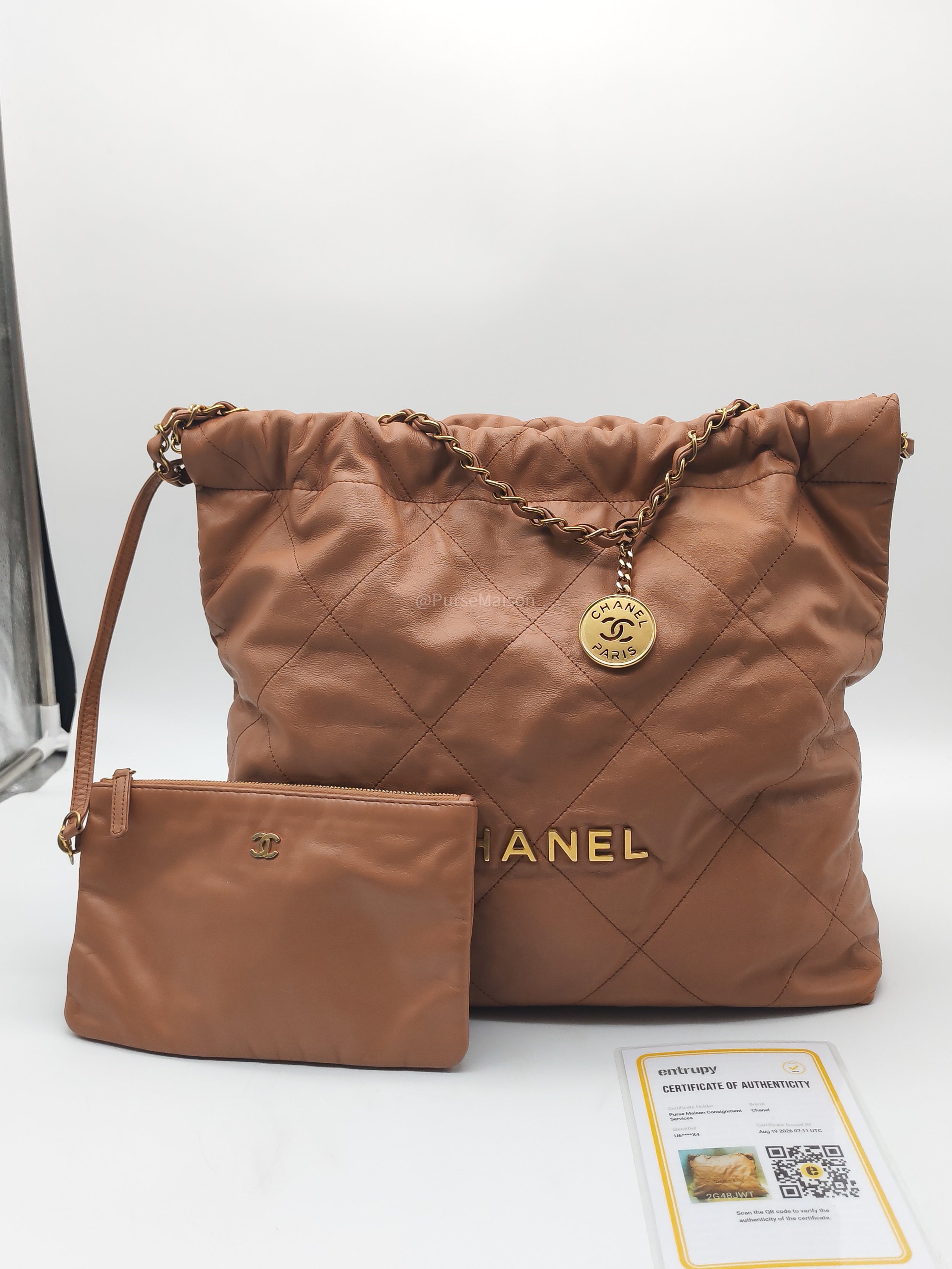 Chanel 22 Medium in Caramel Calfskin Leather Aged Gold Hardware (Microchip)